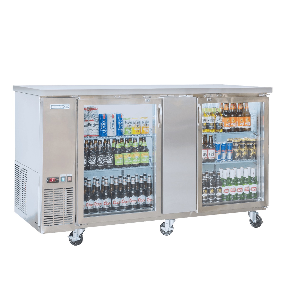 Enhanced EBB-3G-HC back bar cooler angled three-quarter view showing stainless steel top and glass door shelving loaded with beverages