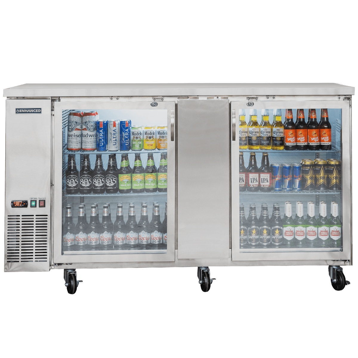 Enhanced EBB-3G-HC back bar cooler front view, two glass doors stocked with bottled and canned beverages on multiple shelves