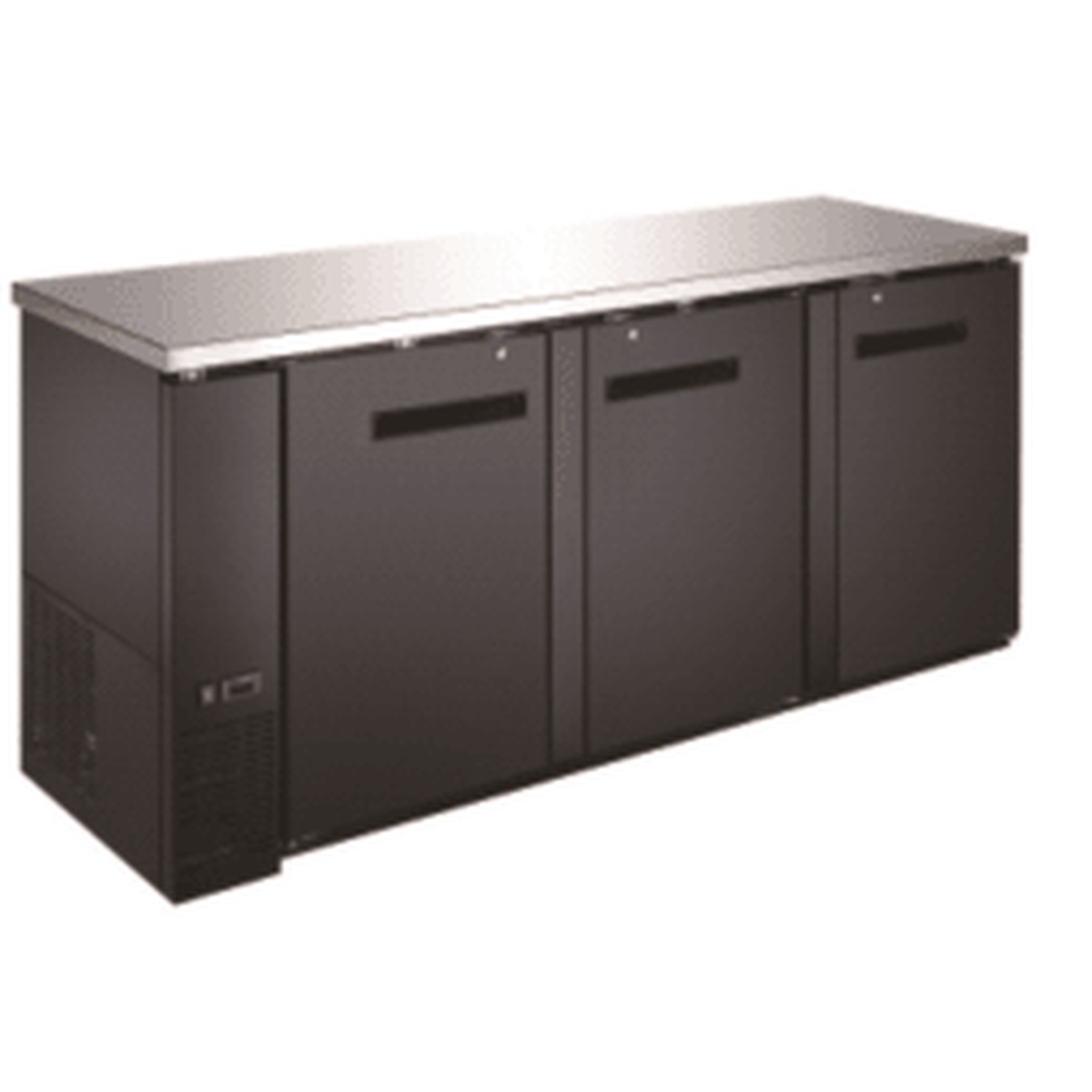 Enhanced EBB-4F-HC 90-inch three-door back bar cooler with black vinyl exterior and stainless steel top