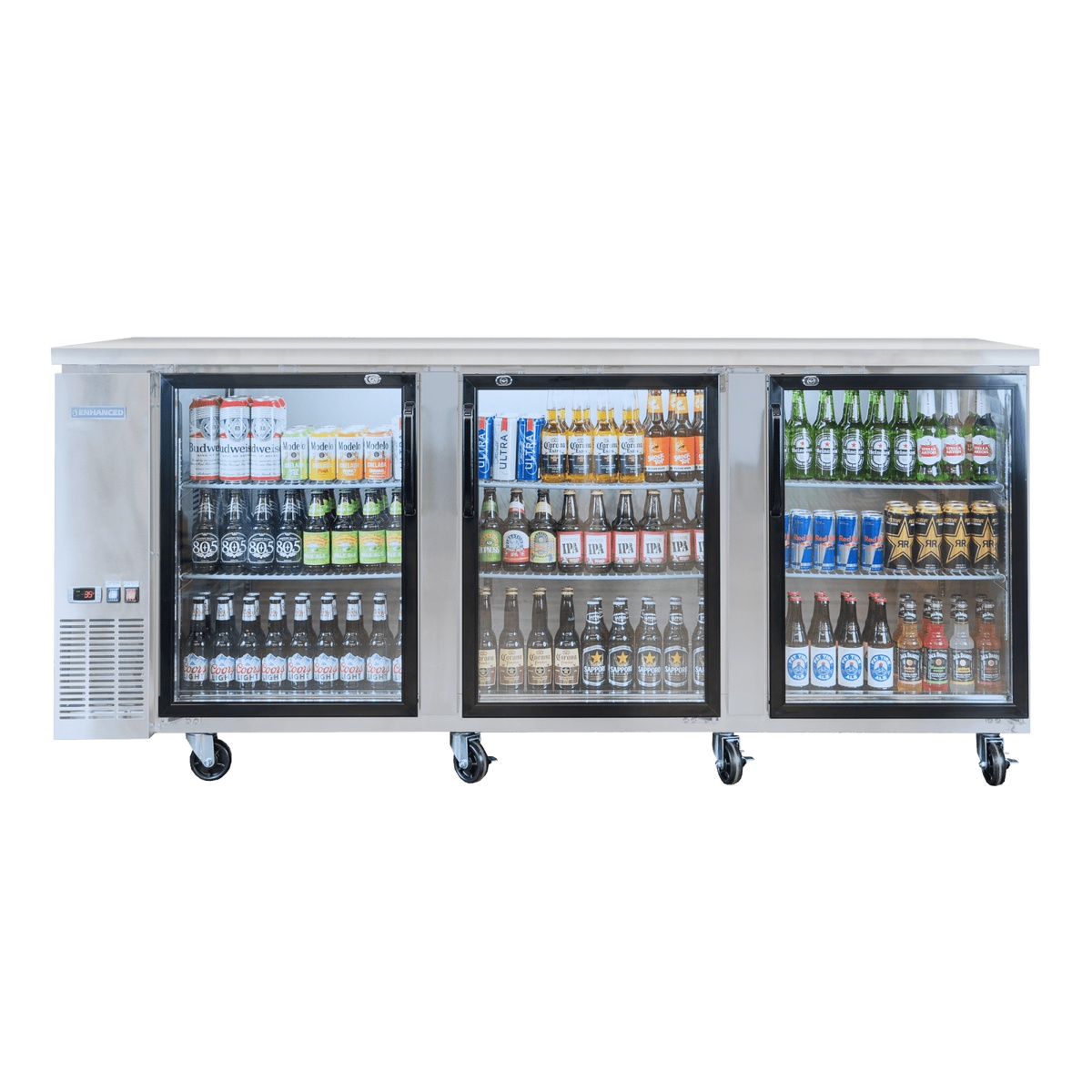 Enhanced Refrigeration EBB-4G-SS-HC 90-inch back bar cooler with three glass doors and stainless steel exterior on casters