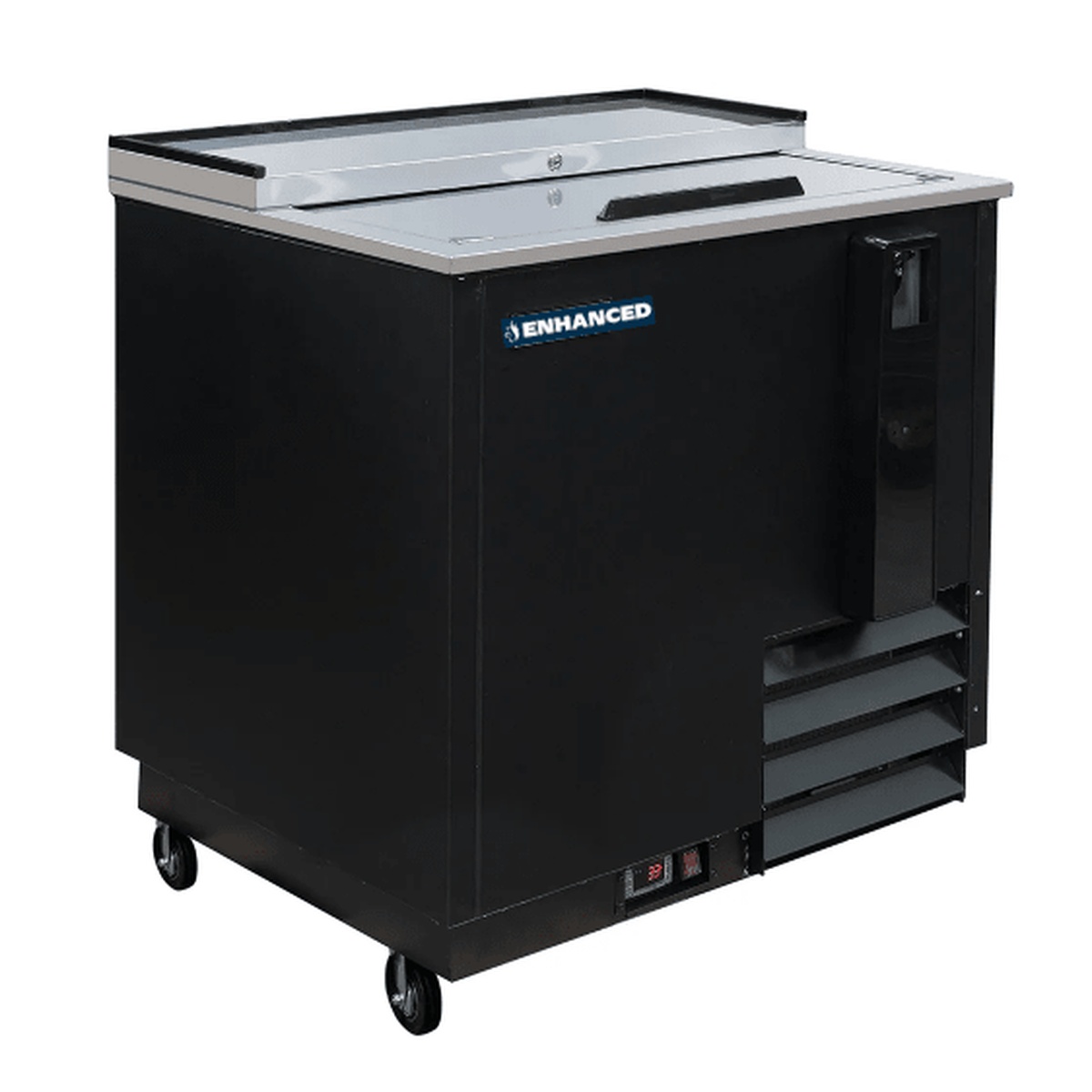 Enhanced EBC-36-HC-B 36-inch black bottle cooler refrigerator with stainless steel sliding lid, digital temperature display, and heavy-duty casters