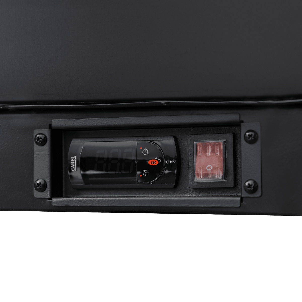 Close-up of Carel digital temperature controller and power switch mounted on the front base of the EBC-50-HC bottle cooler