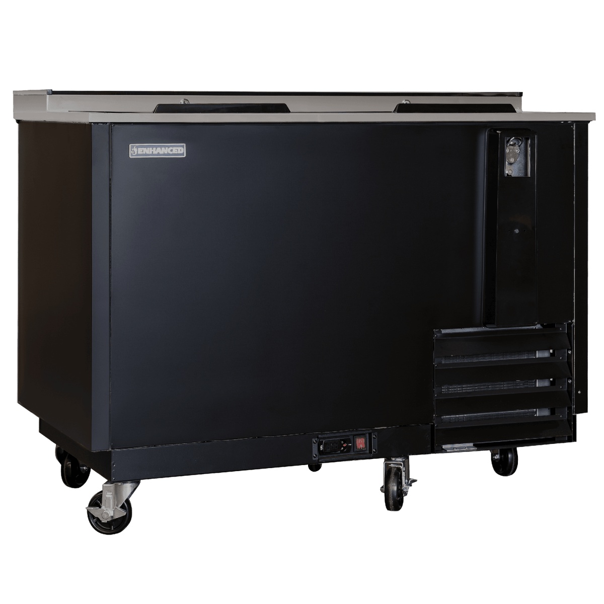 Enhanced EBC-50-HC black bottle cooler refrigerator showing full exterior with stainless steel slide top doors and heavy-duty casters