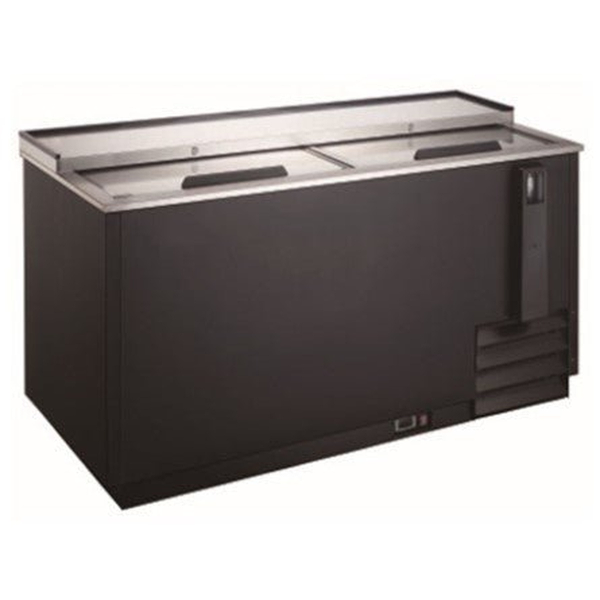 EBC-65-HC Enhanced black bottle cooler refrigerator with stainless steel dual sliding top doors, front and side view