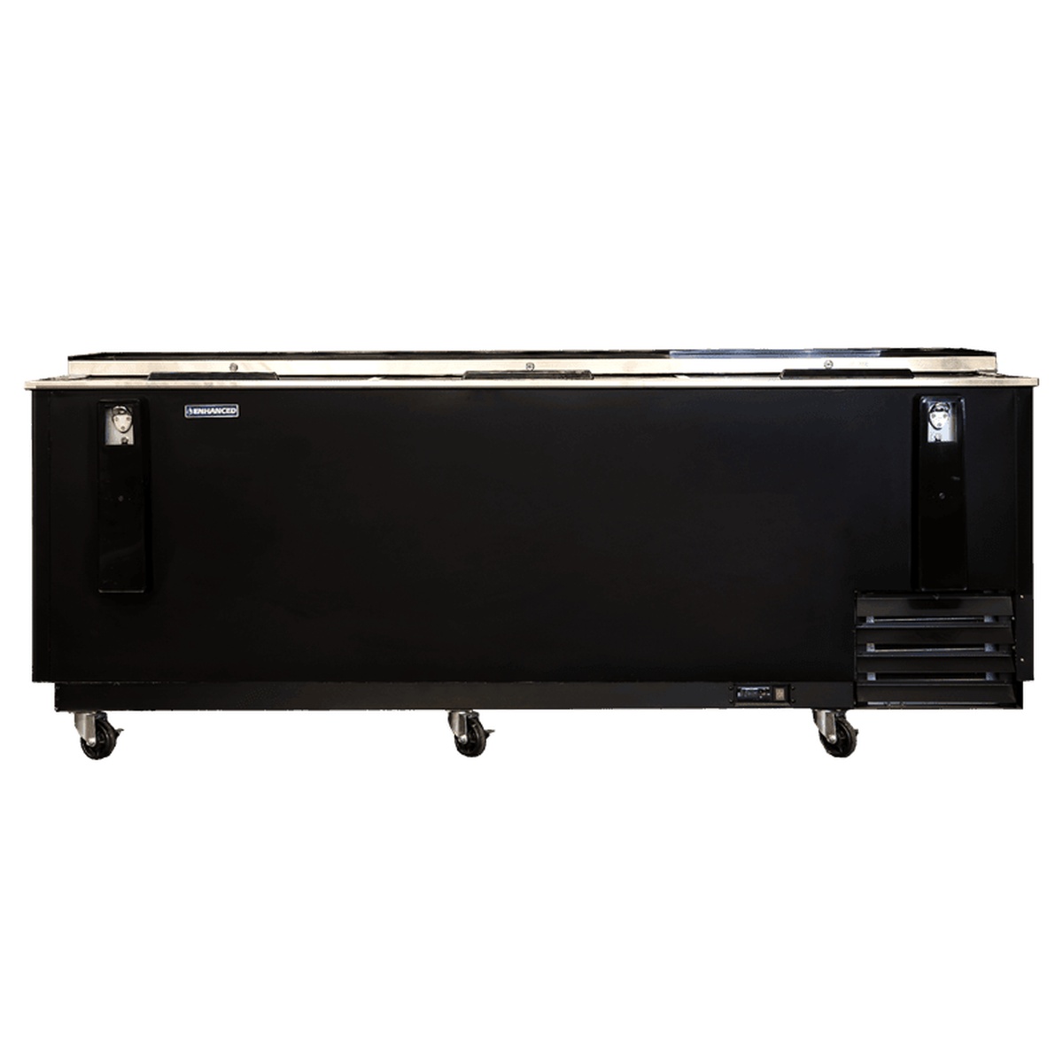 Enhanced EBC-95-HC black bottle cooler refrigerator front view with three slide-top lids and caster wheels