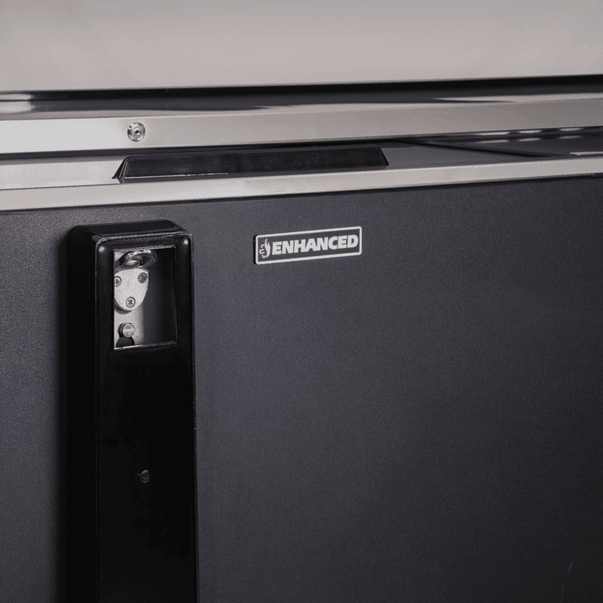 Close-up of Enhanced brand logo and side handle detail on the EBC-95-HC bottle cooler