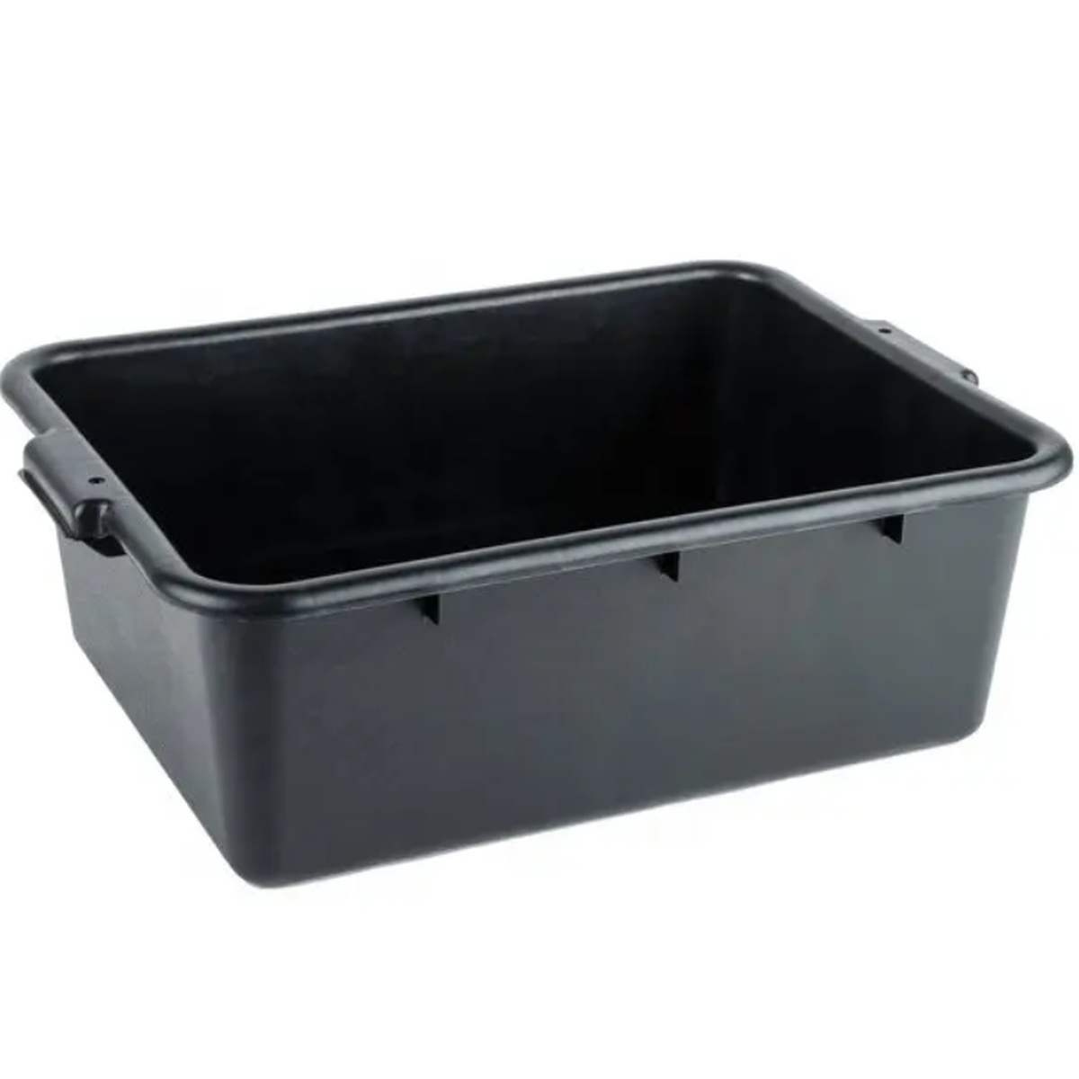 Cresco Resco EBT-2015-5BL black plastic bus tub, 20 by 15 by 5 inches, with integrated side handles, shown from a three-quarter angle on a white background