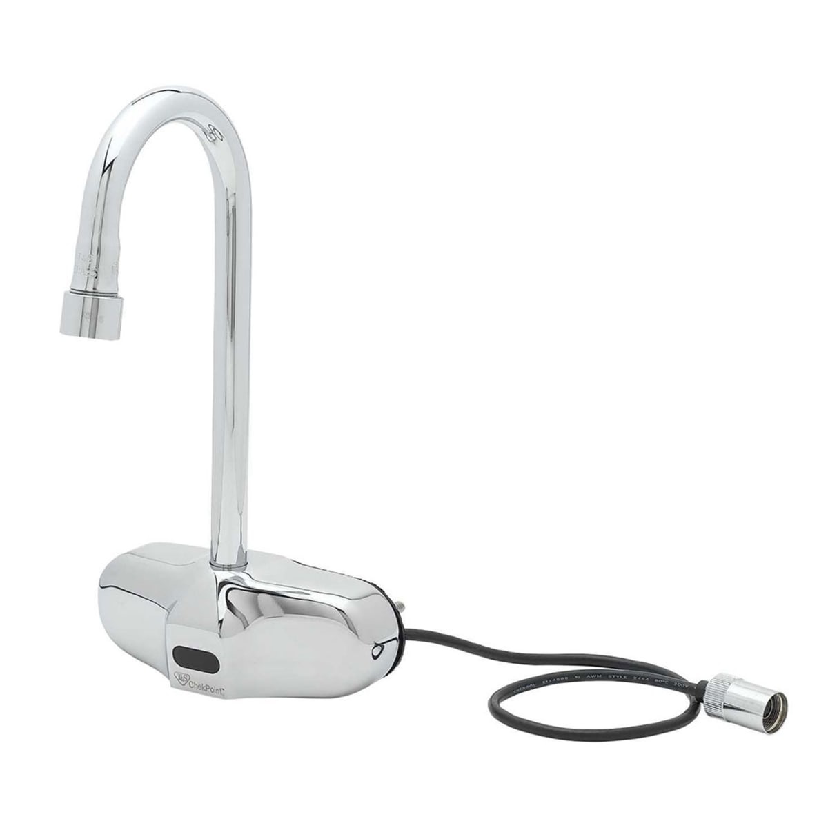 T&S Brass EC-3105 ChekPoint chrome electronic wall-mount gooseneck faucet with sensor module and power cable
