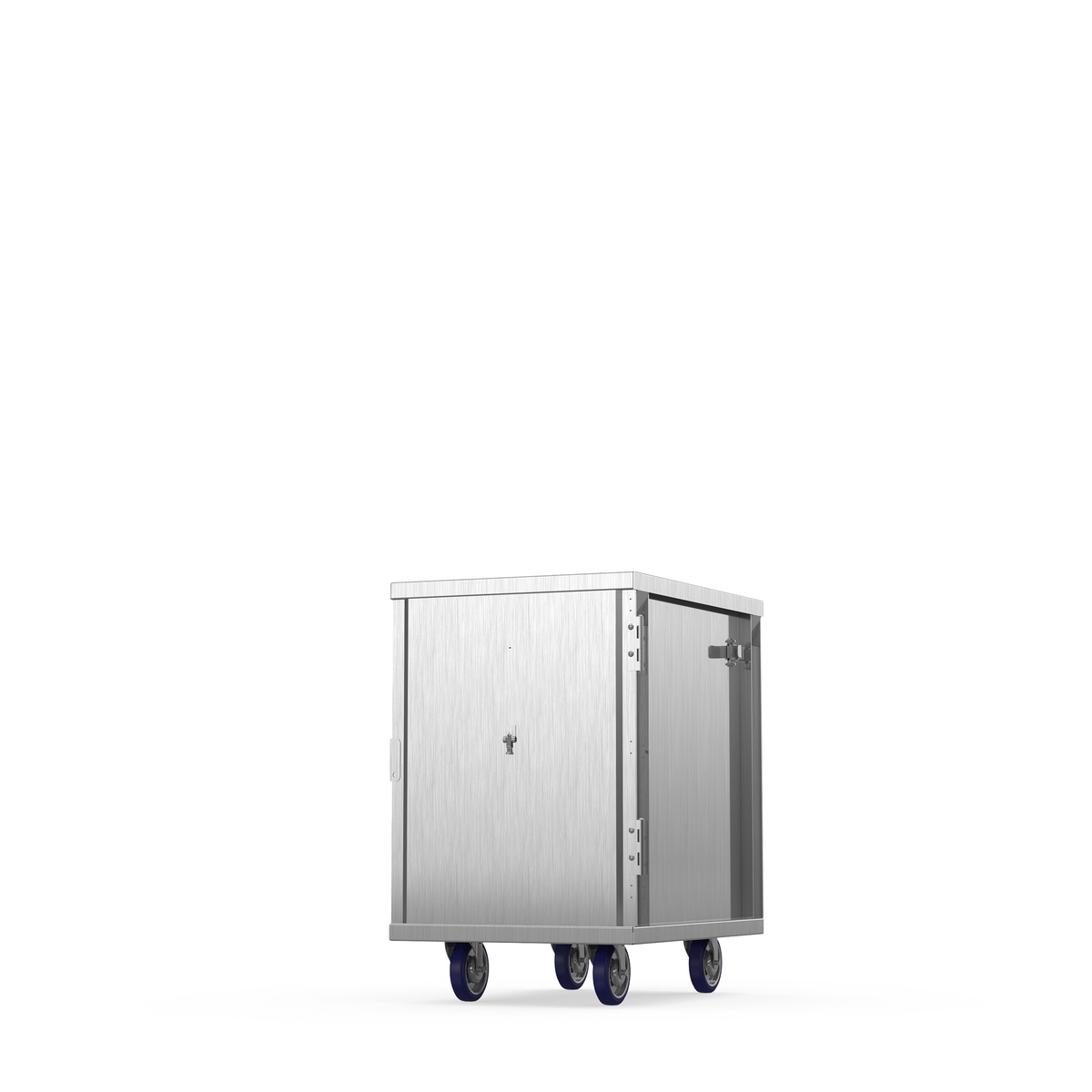 Winholt EC1816-C aluminum enclosed transport cabinet with solid hinged door and blue polyurethane swivel casters