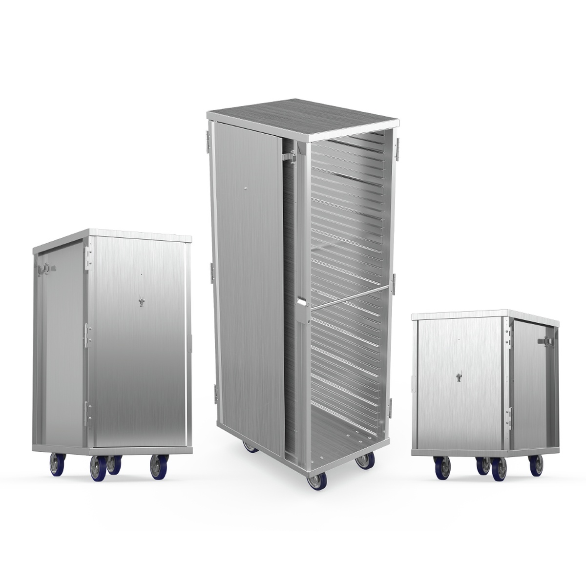 Winholt EC1840-C enclosed mobile transport cabinets in three sizes on casters, one with door open showing internal pan runners