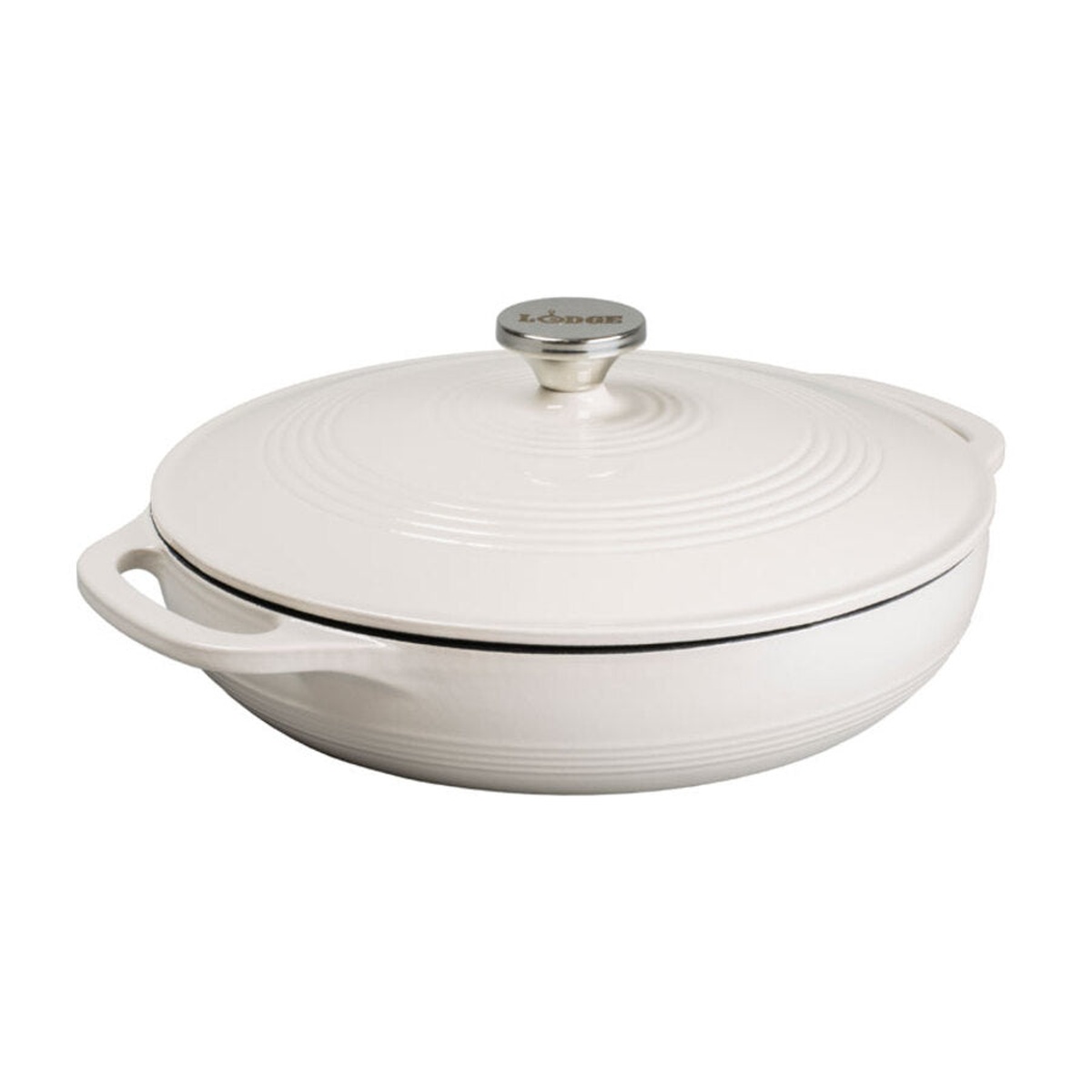 Lodge enameled cast iron casserole with lid in Oyster White, featuring stainless steel knob and concentric ring lid design