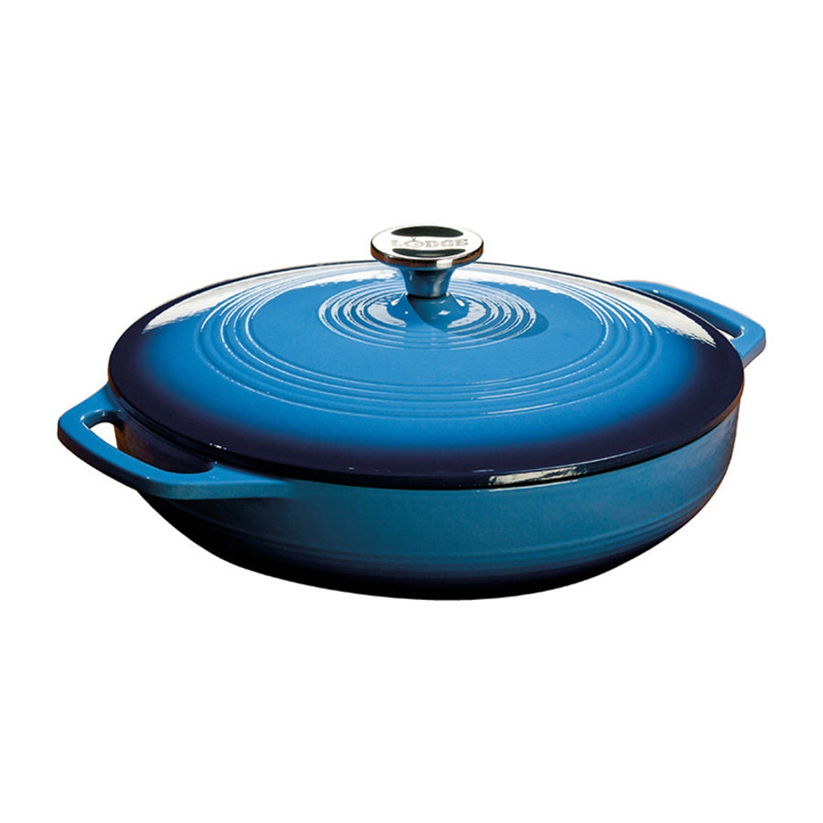 Lodge enameled cast iron casserole with lid in Caribbean Blue, showing stainless steel knob and dual loop handles