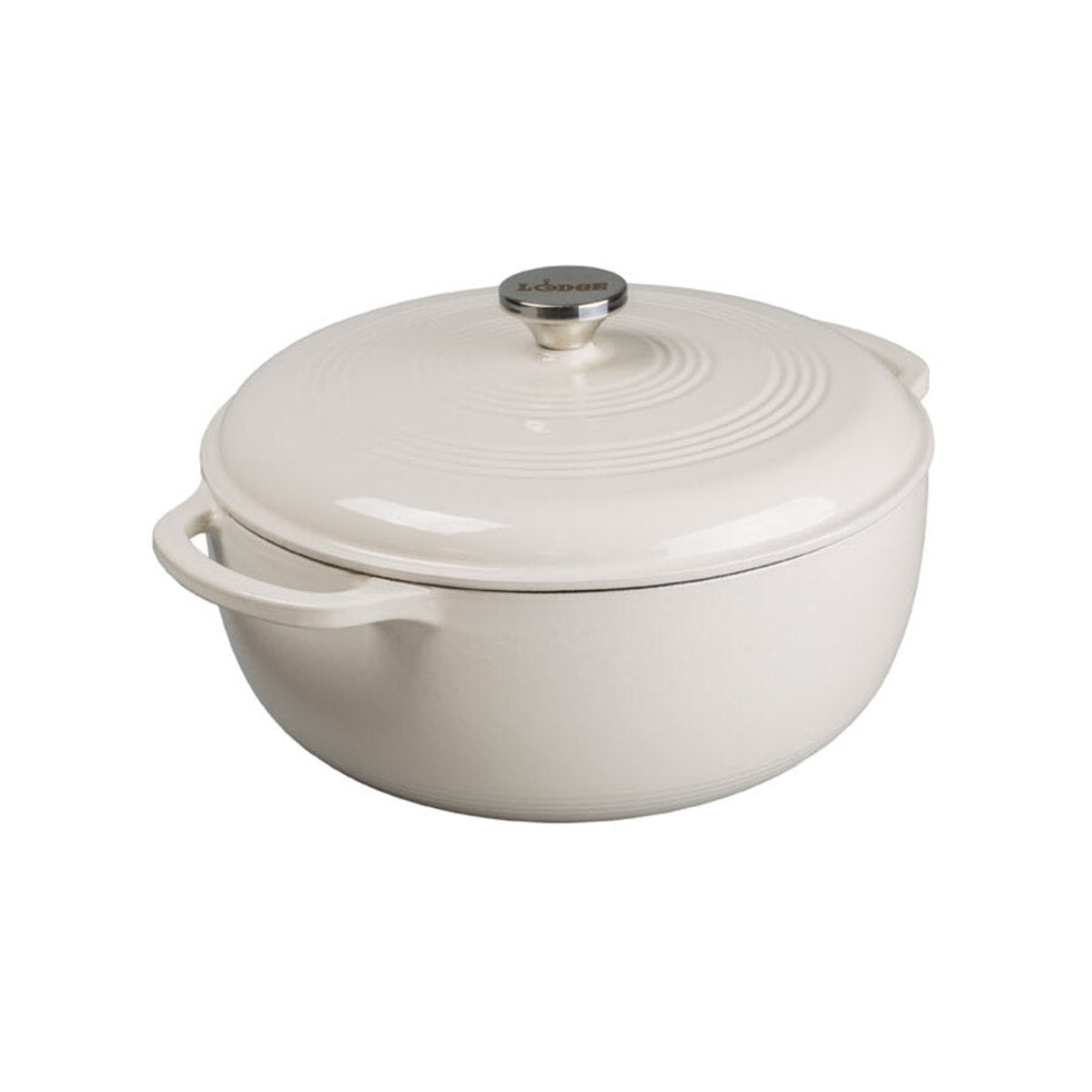 Lodge 6-Quart Enameled Cast Iron Dutch Oven in oyster white with stainless steel knob and loop handles