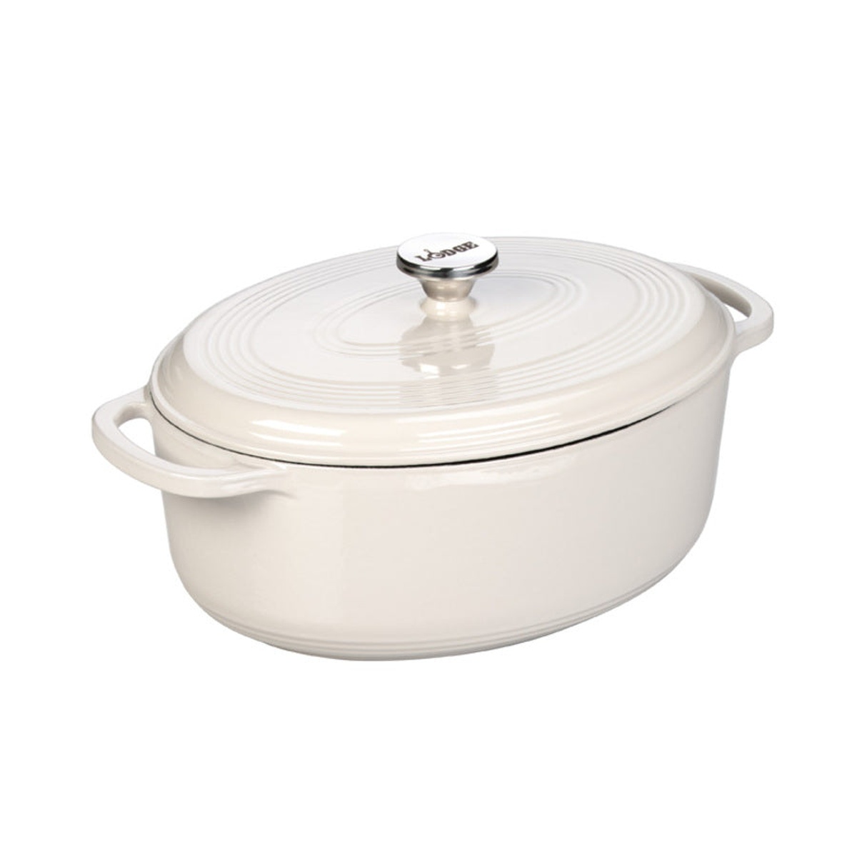 Lodge 7-Quart Oval Enameled Cast Iron Dutch Oven in Oyster White with stainless steel knob lid and dual loop handles