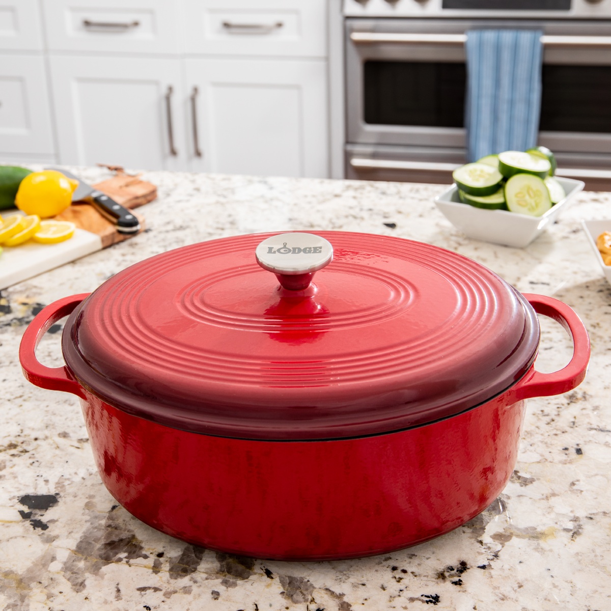 Red Lodge Dutch Oven on a kitchen counter with fresh vegetables