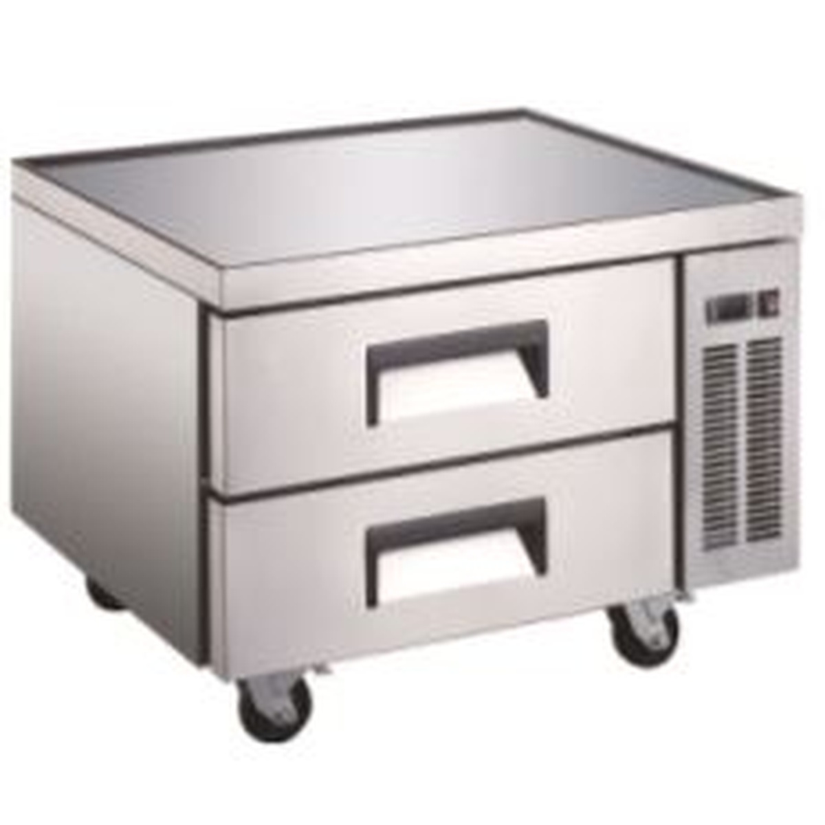 Enhanced ECB-36-HC refrigerated chef base front-angled view showing dual drawer handles and electronic display panel