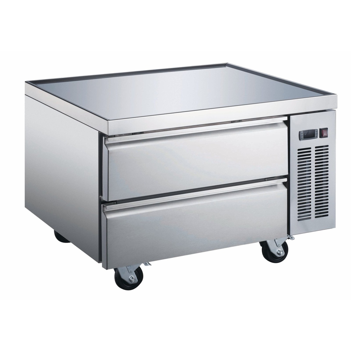 Enhanced ECB-36-HC stainless steel refrigerated chef base with two drawers and casters, angled side view