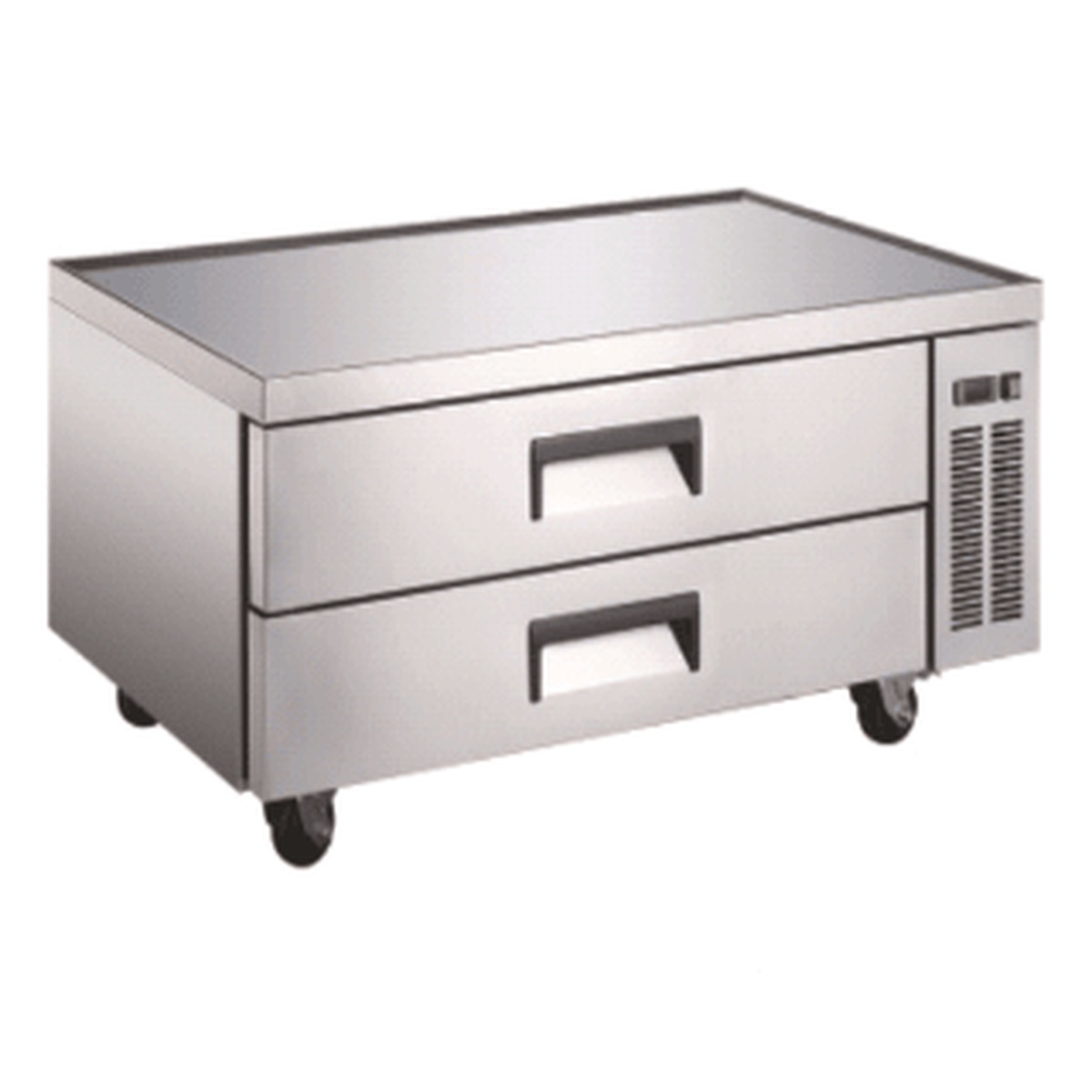 Enhanced ECB-48-HC refrigerated chef base front view showing two stainless steel drawers with handles and ventilation grille