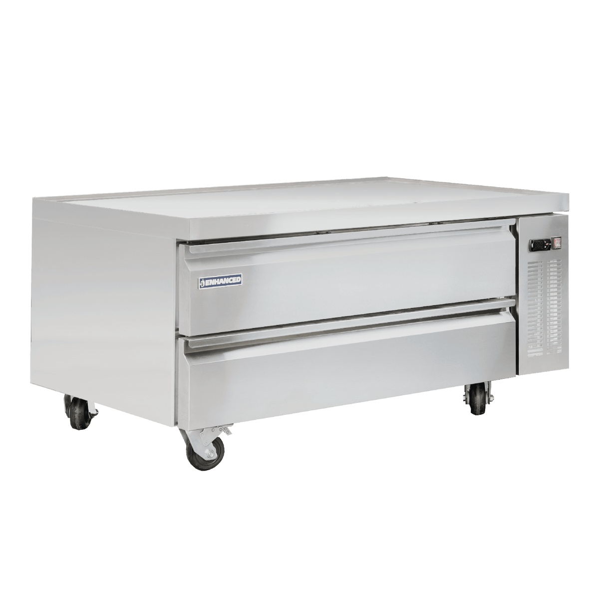 Enhanced ECB-52-HC 52-inch refrigerated chef base with two closed drawers on heavy-duty casters, stainless steel exterior