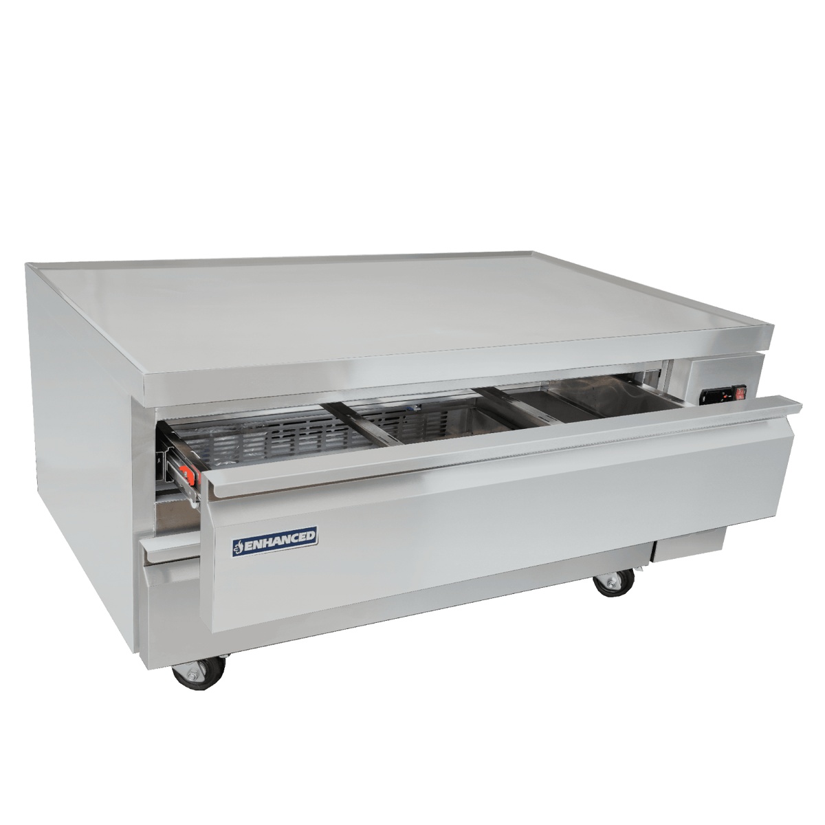 Enhanced ECB-52-HC chef base with top drawer open, revealing stainless steel interior and food pan storage capacity