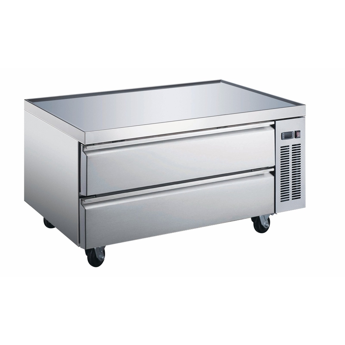 Enhanced ECB-60-HC 60-inch stainless steel refrigerated chef base with two large drawers and caster wheels