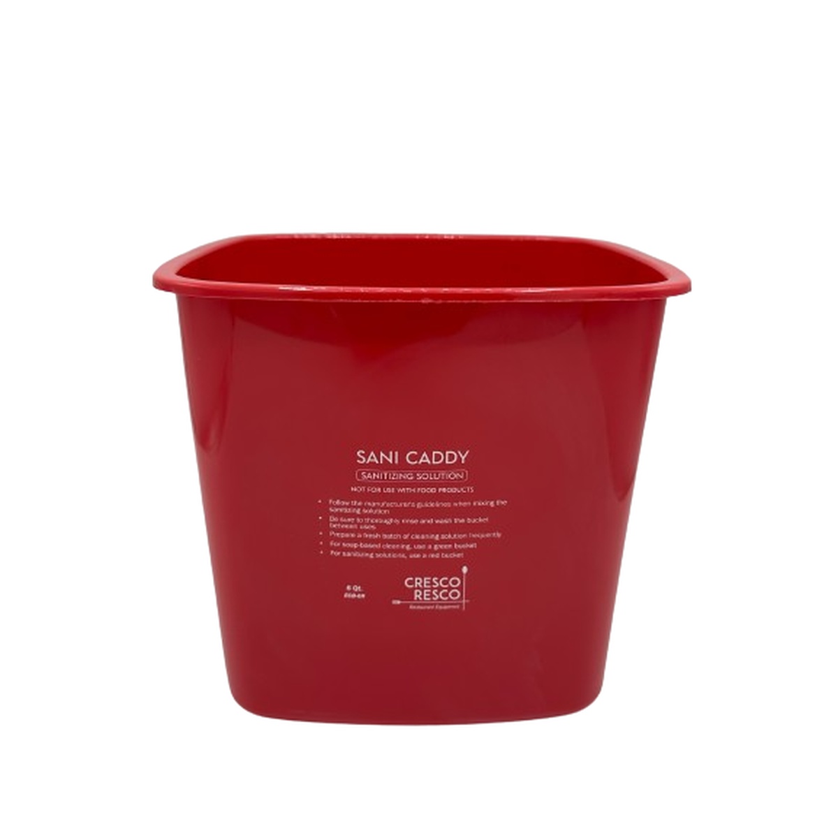Cresco Resco ECB-6R Sani Caddy 6 qt red sanitizing cleaning pail with printed usage instructions