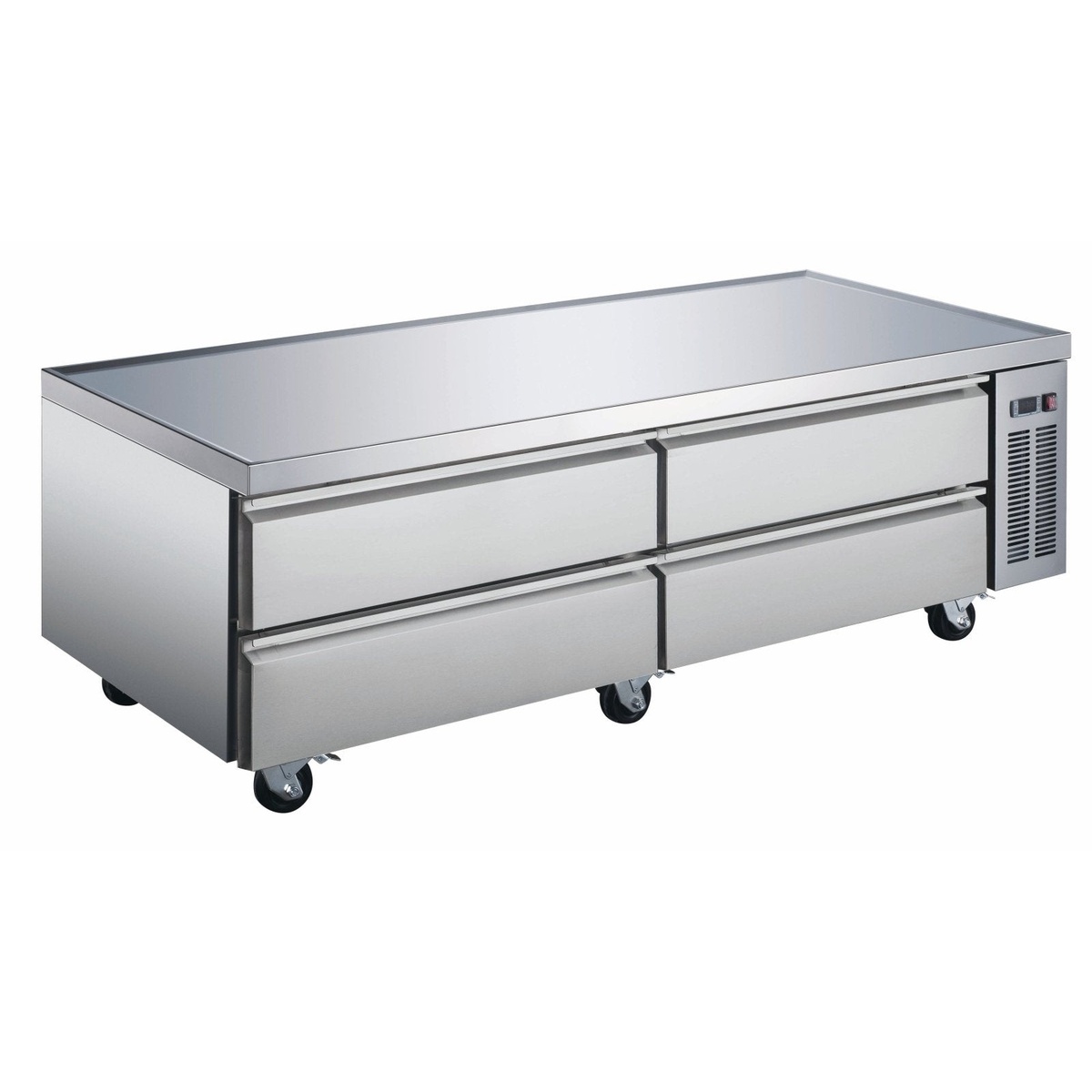 Enhanced ECB-84-HC 84-inch stainless steel chef base refrigerator with four drawers and heavy-duty casters