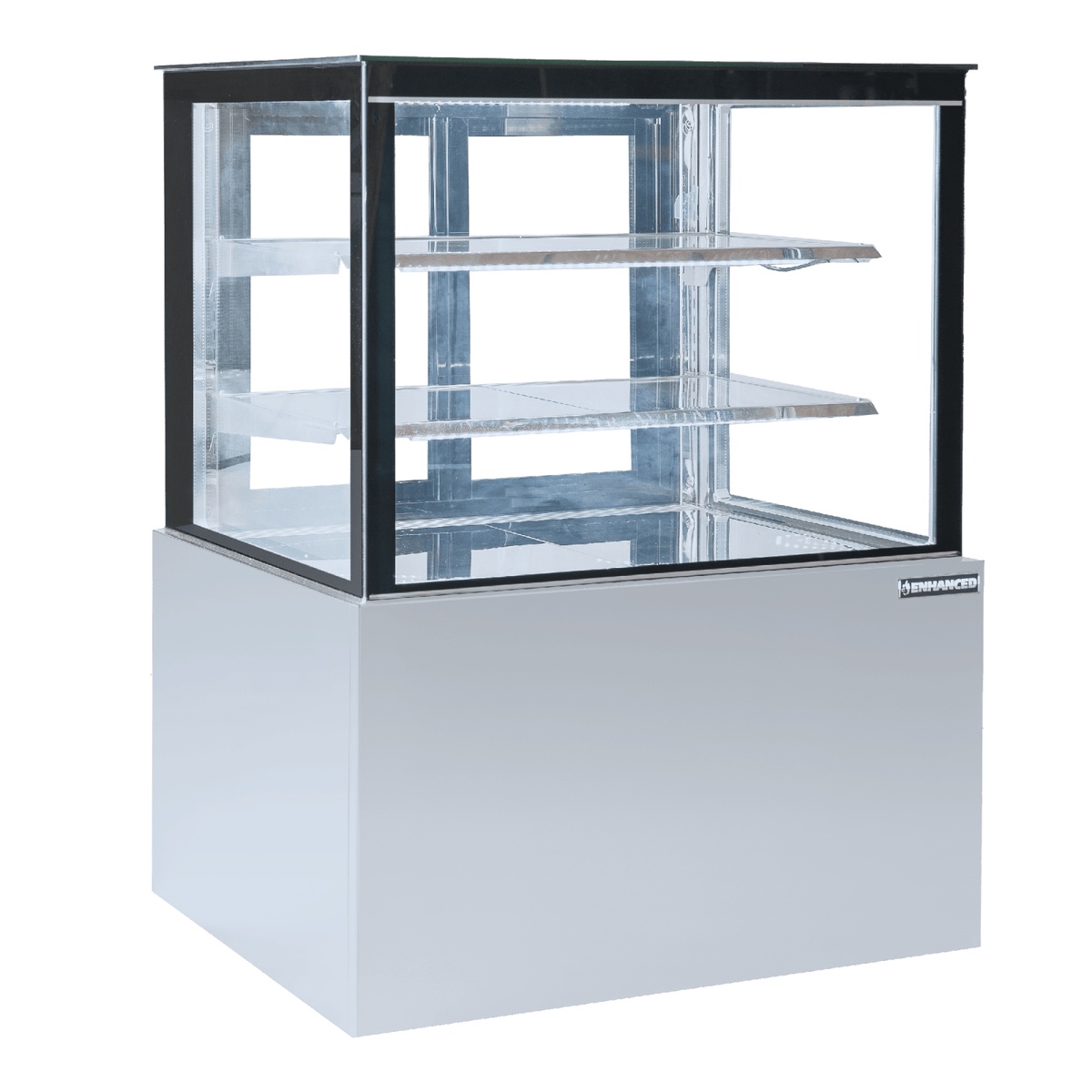 Enhanced ECD-36-2-HC cake display case refrigerator, angled view showing glass-on-4-sides enclosure and stainless steel base