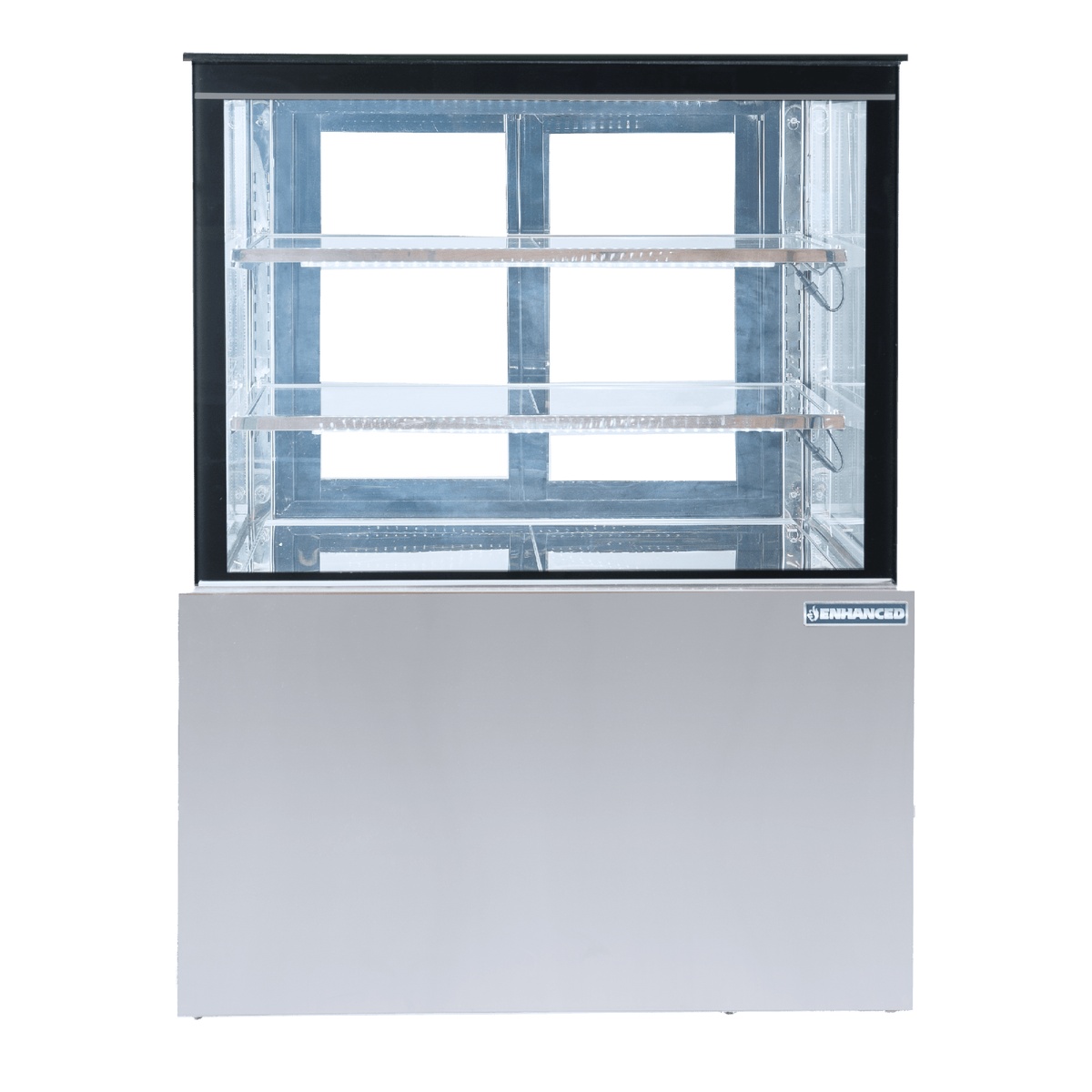 Front-facing view of the Enhanced ECD-36-2-HC cake display case refrigerator showing glass-on-4-sides construction and two interior shelves