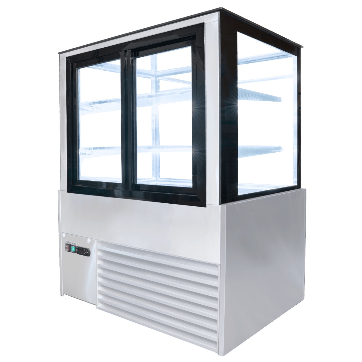 Enhanced ECD-36-2-HC cake display case showing rear sliding doors, illuminated interior, and electronic control panel on the base