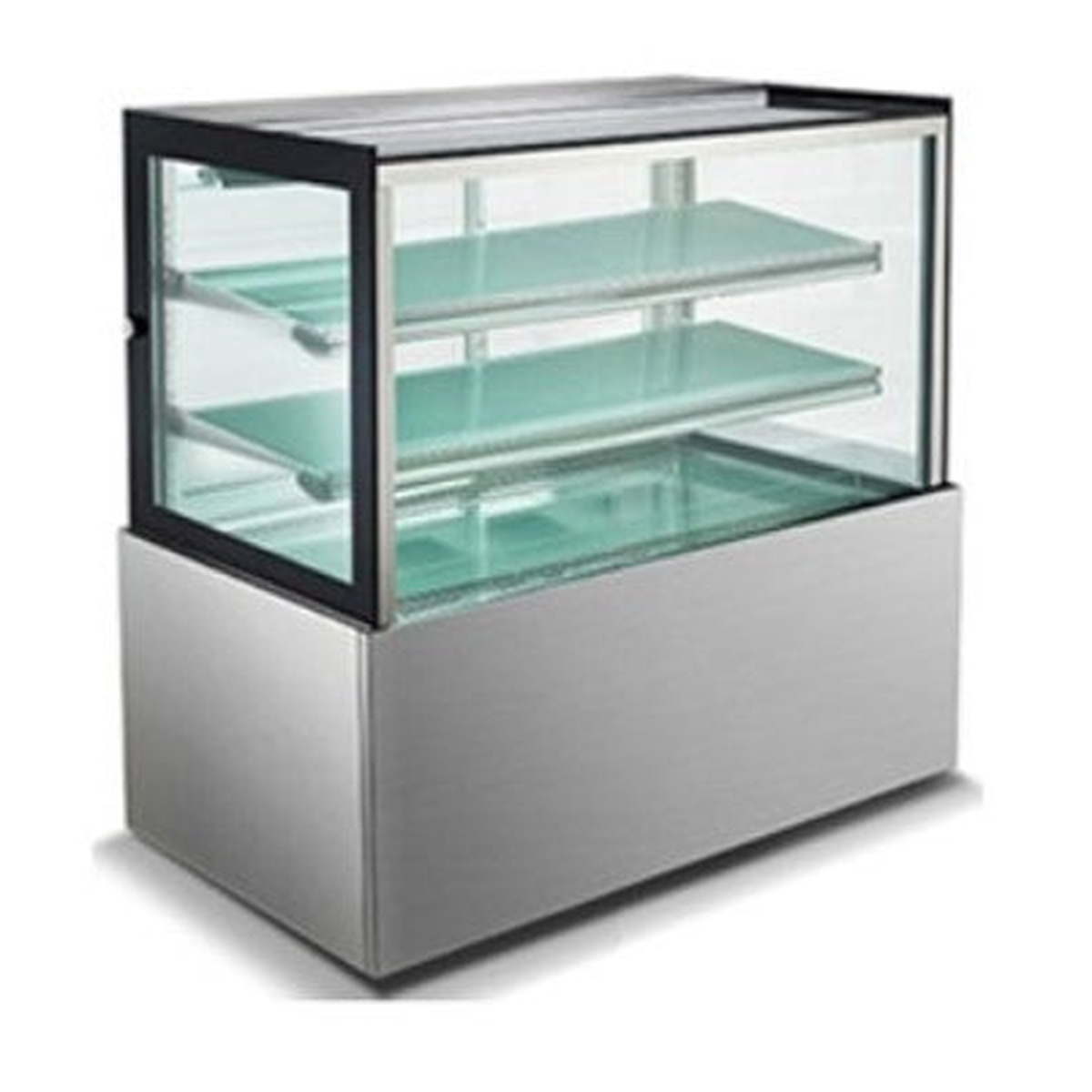 Enhanced ECD-48-2-HC 48-inch refrigerated cake display case with glass on 4 sides, 2 glass shelves, and stainless steel base