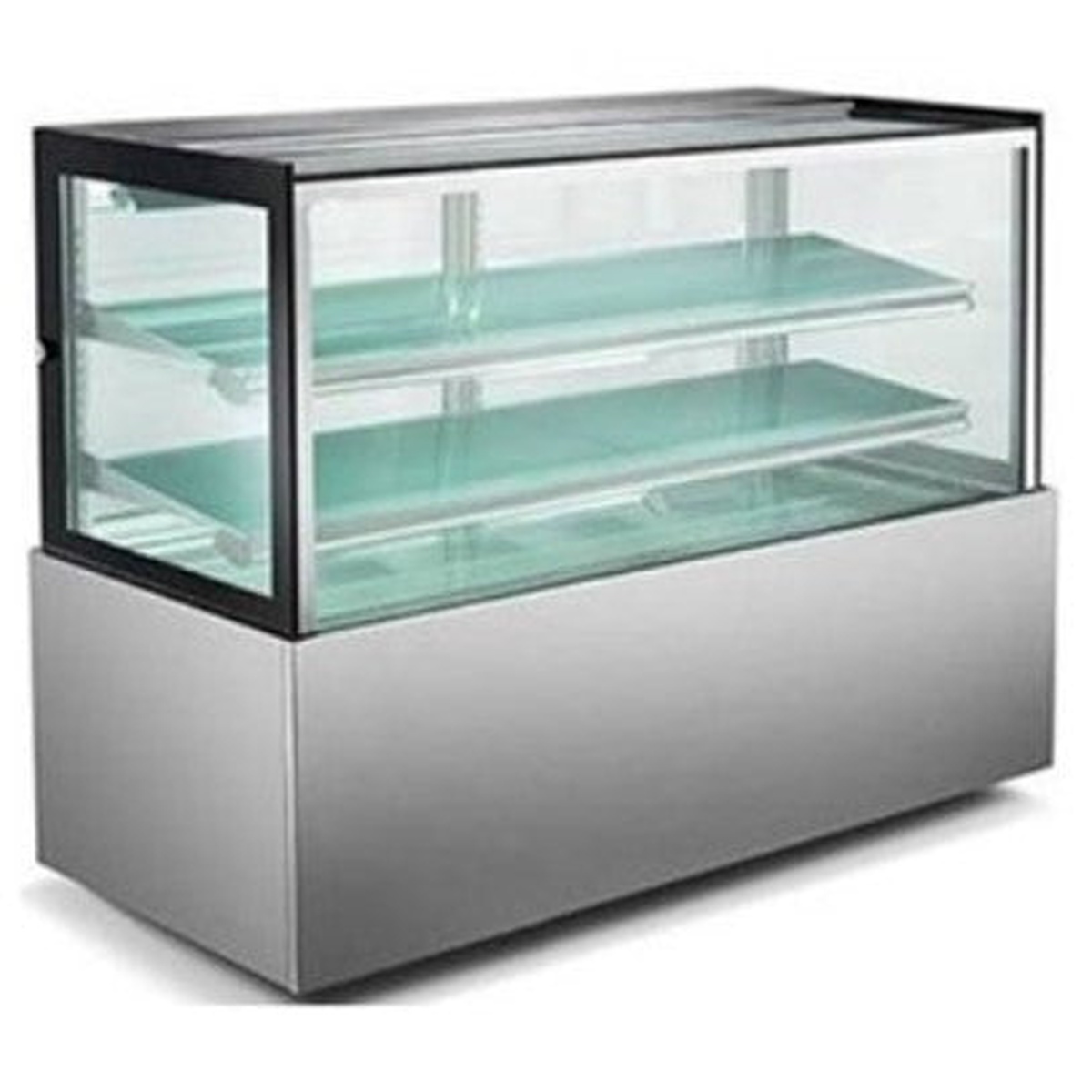 Enhanced ECD-71-2-HC 72-inch cake display case refrigerator with glass on four sides, two shelves, and stainless steel base