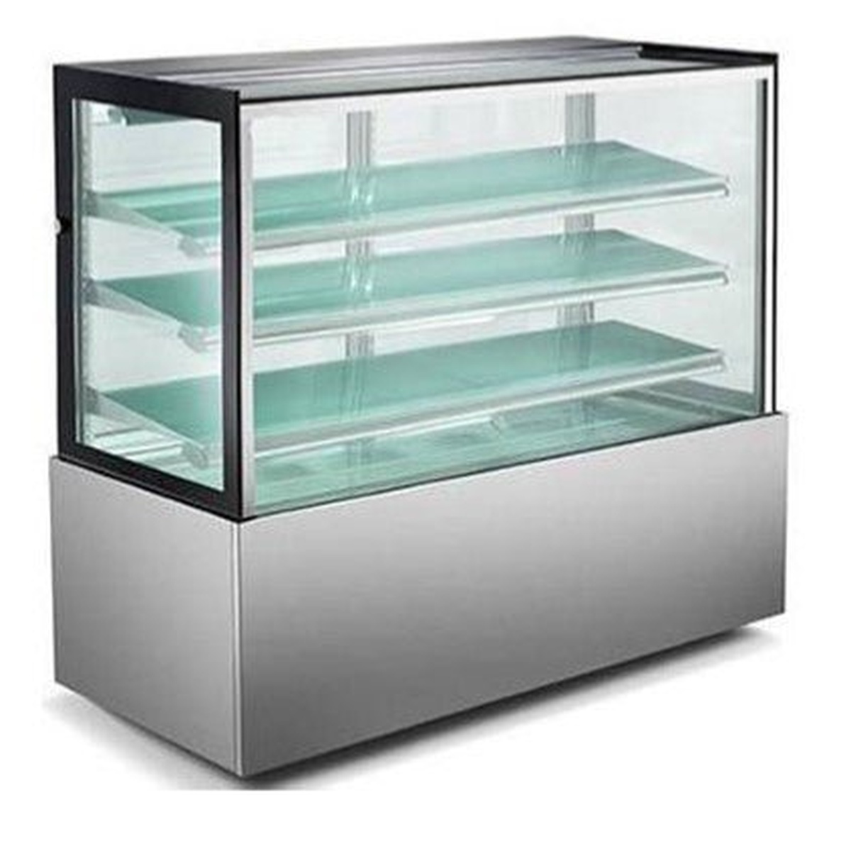 Enhanced ECD-71-3-HC 72-inch refrigerated cake display case with glass on four sides and three glass shelves on a stainless steel base