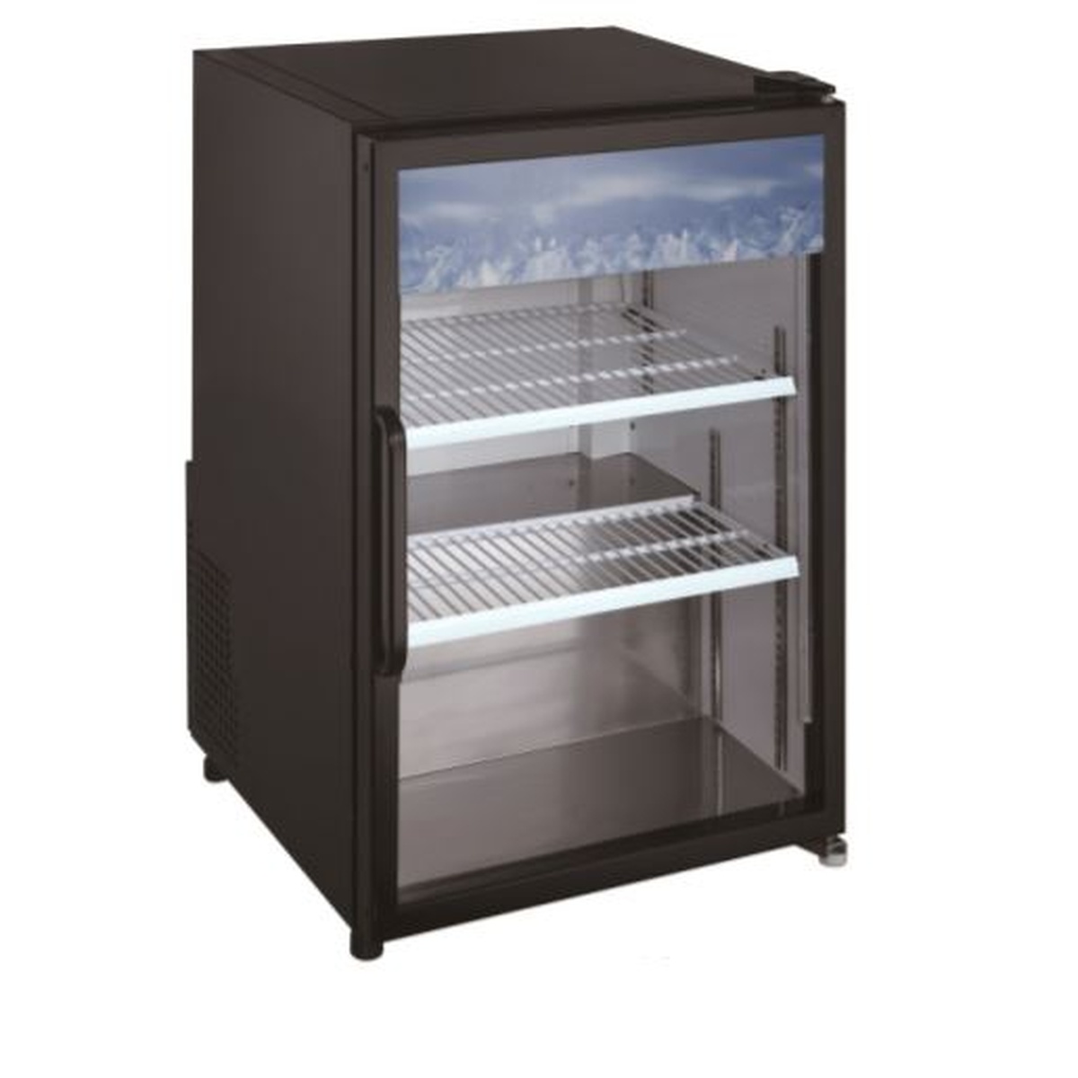 ECGM-03R-HC Enhanced black countertop merchandiser refrigerator with single glass door and two interior wire shelves