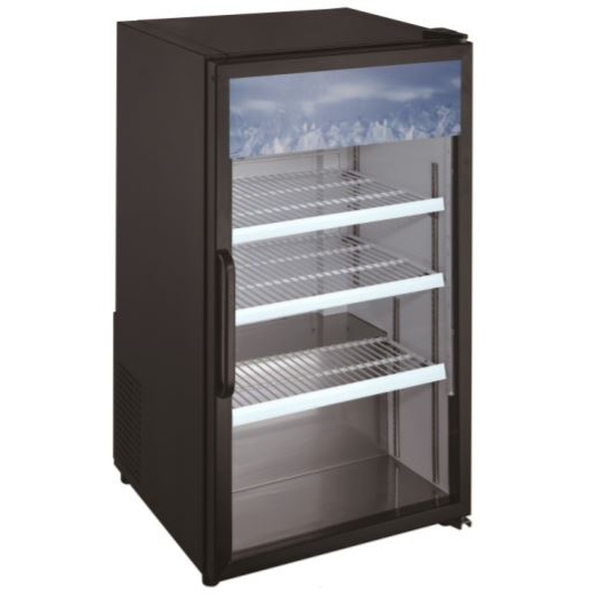 Enhanced ECGM-05R-HC black countertop merchandiser refrigerator with single glass door and wire shelves