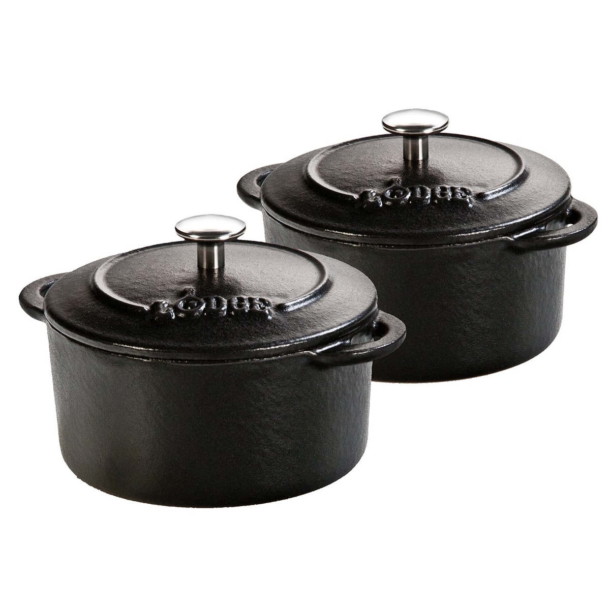 Lodge ECMCR11 matte black enameled cast iron mini round cocottes set of 2 with lids and stainless knobs