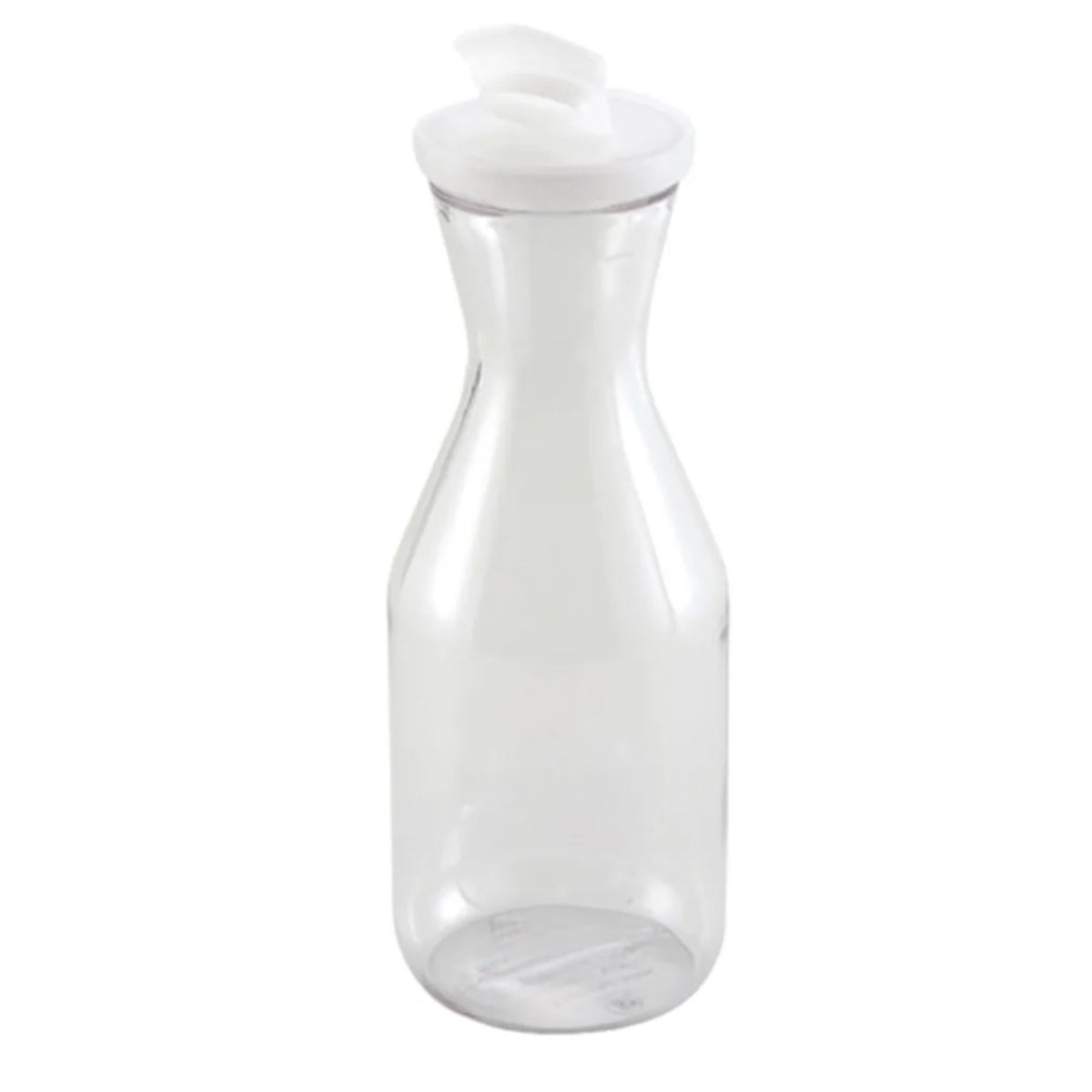 Cresco Resco ED-1L clear polycarbonate beverage decanter with snap-on white lid, full view