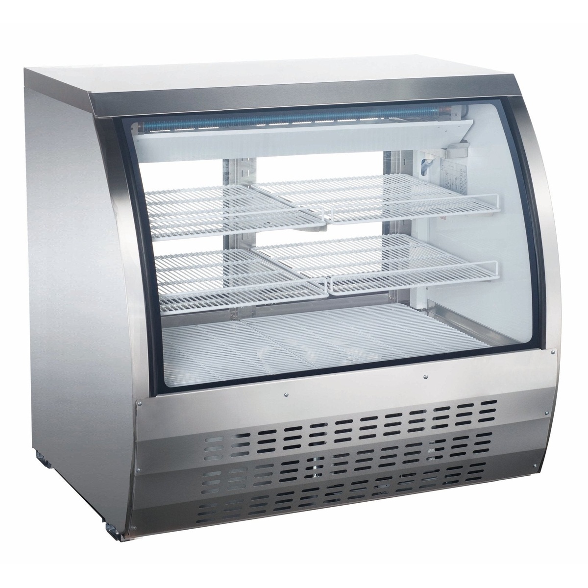 Enhanced EDC-36-HC refrigerated deli case with curved glass front, stainless steel body, and multiple wire display shelves