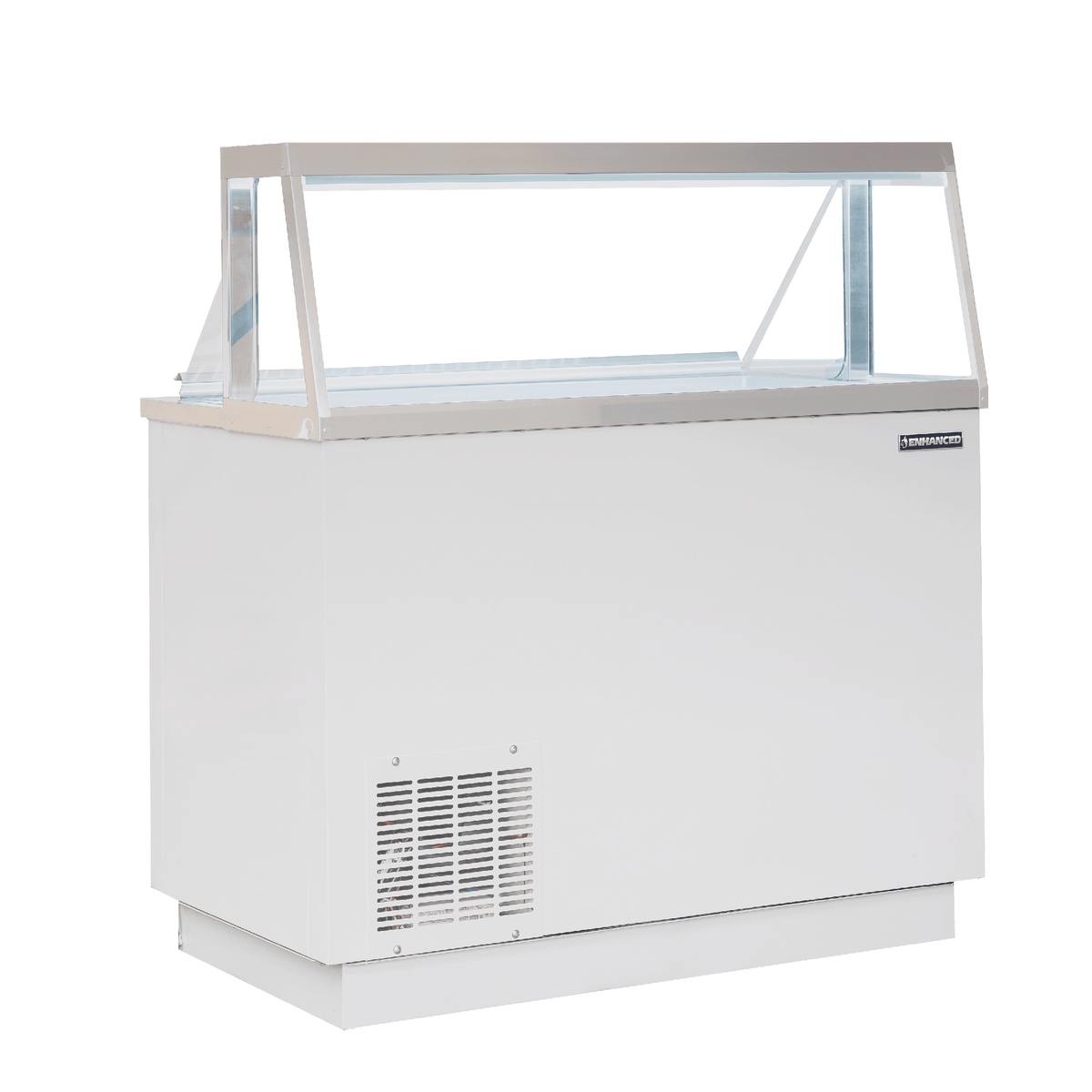 Enhanced EDC-46-HC 46-inch white dipping cabinet with glass sneeze guard, angled front view