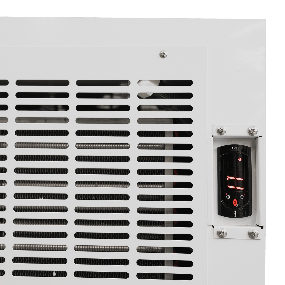 Close-up of white cabinet exterior ventilation grille with Carel digital temperature controller mounted on the side