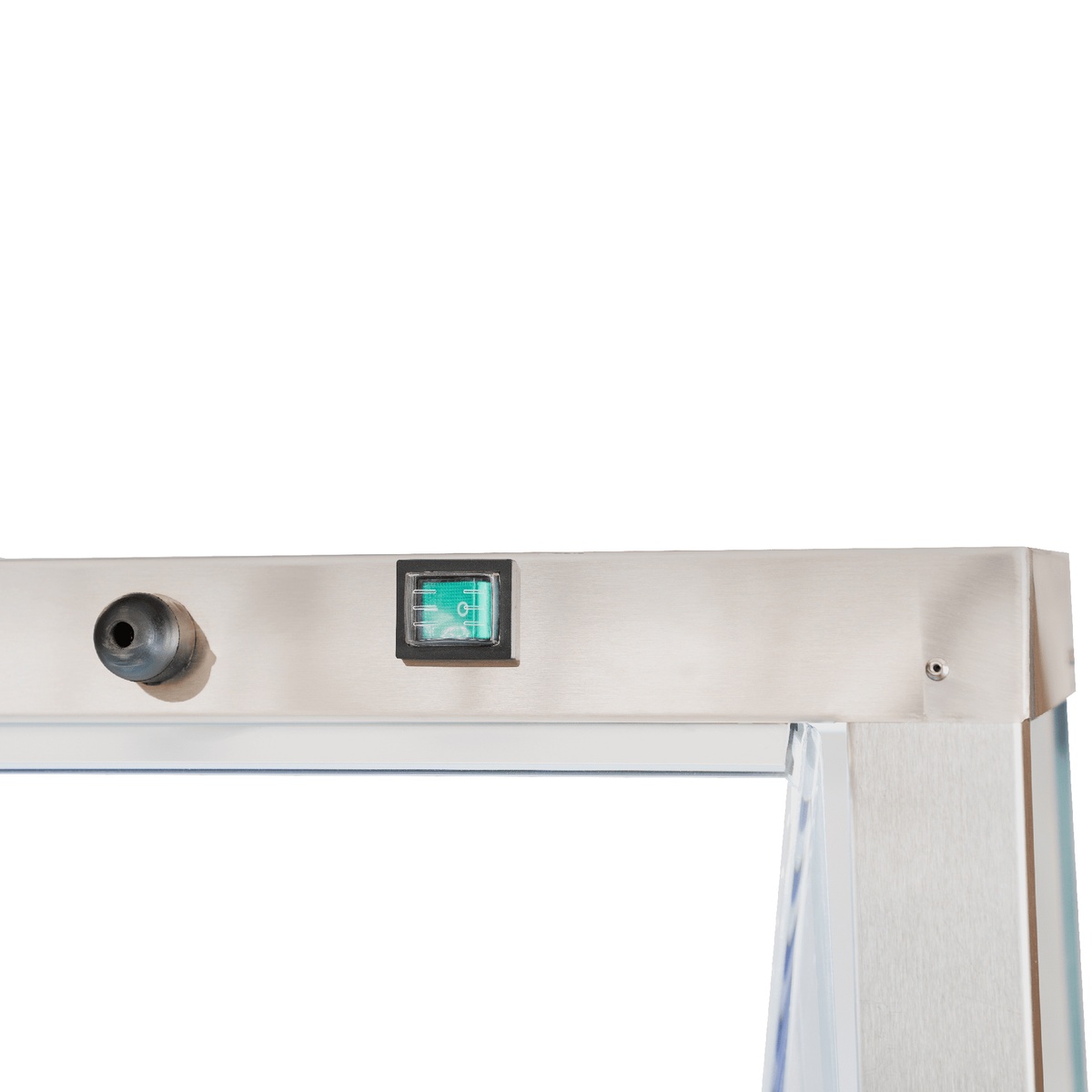 Close-up of sneeze guard stainless steel frame showing rocker power switch and light fixture mount