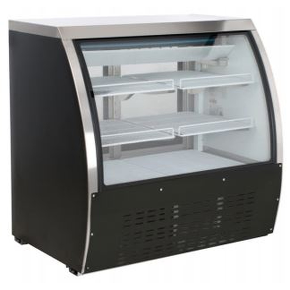 EDC-48-HC Enhanced Deli Case in black finish with curved glass front and interior wire shelving