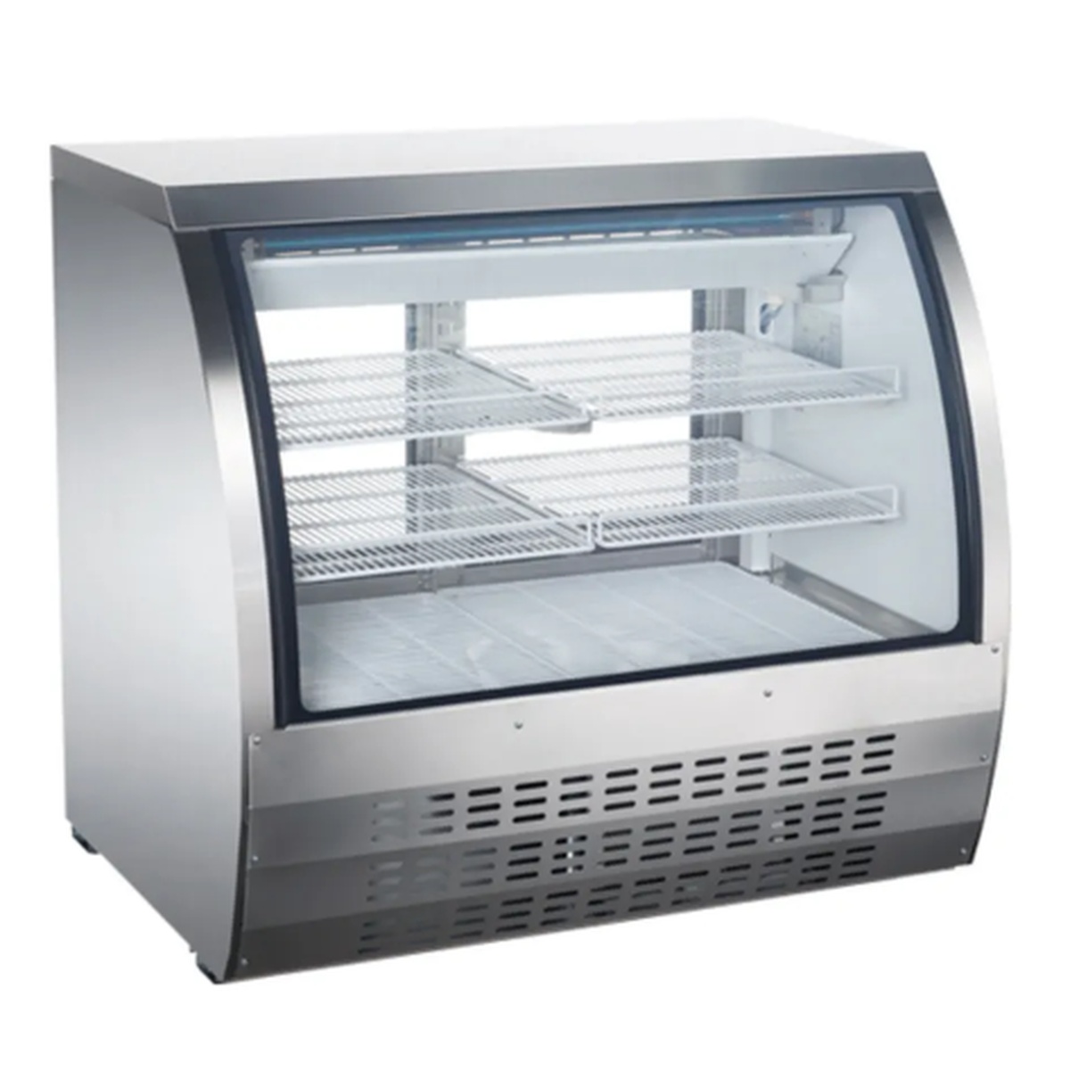 EDC-48-HC Enhanced Deli Case in stainless steel finish with curved glass front and wire display shelves