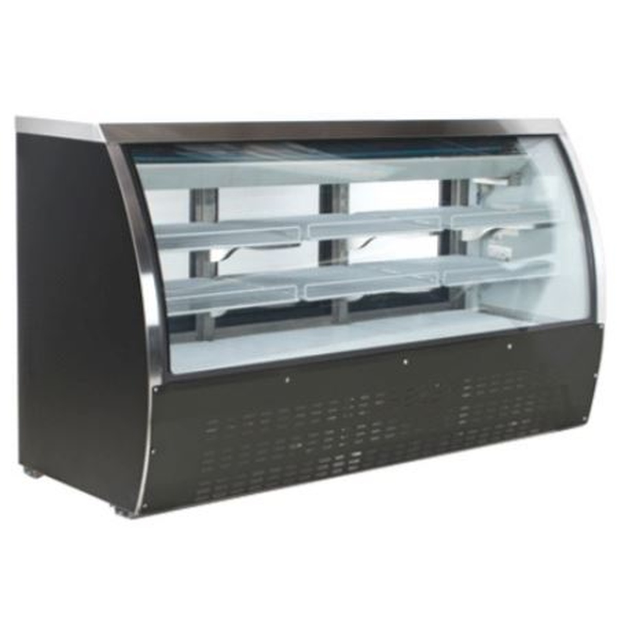 EDC-82-HC Enhanced 78-inch refrigerated deli case with curved glass front and multiple wire shelves, black exterior
