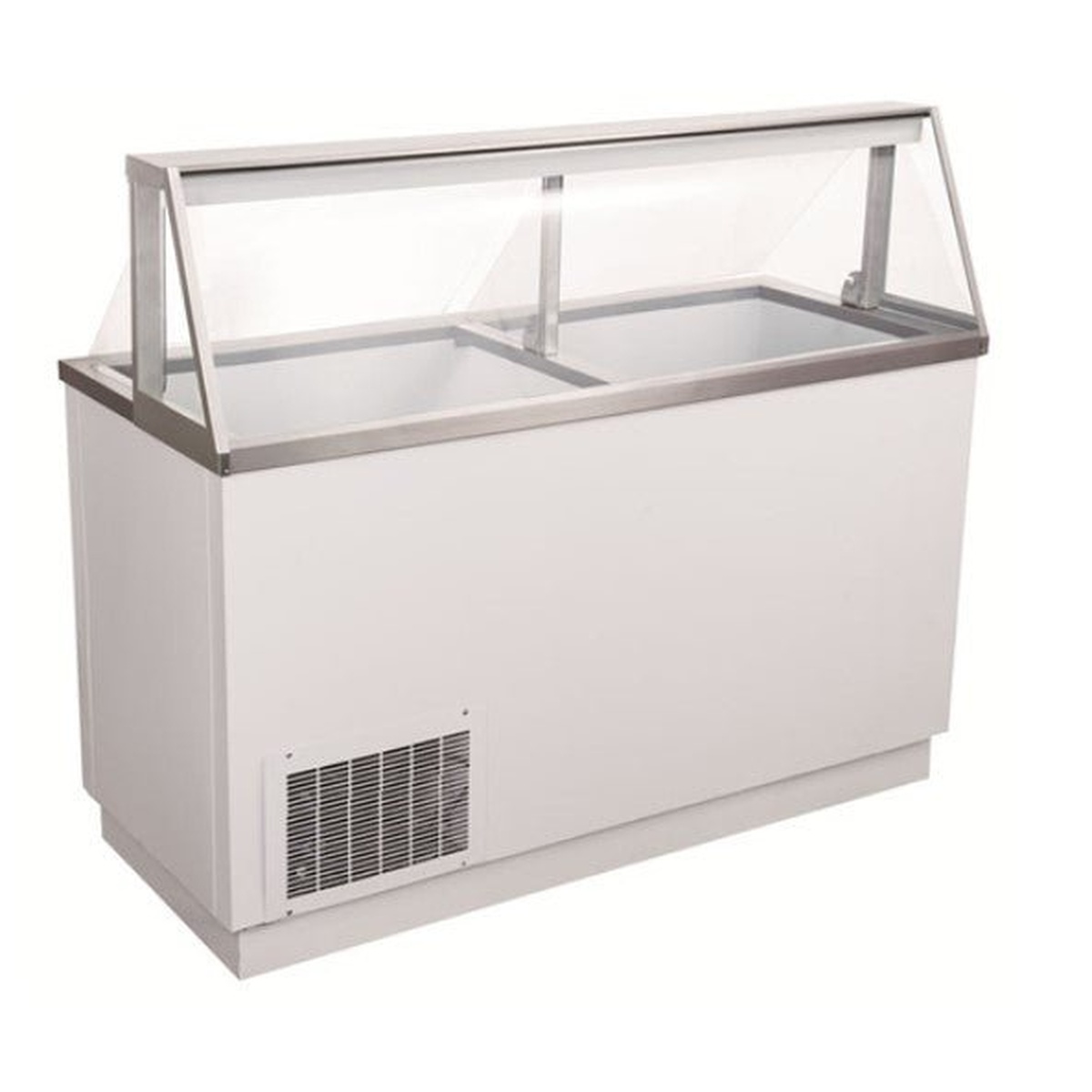 Enhanced EDC-88-HC-W 88-inch white dipping cabinet with angled glass display top and sliding stainless steel lids