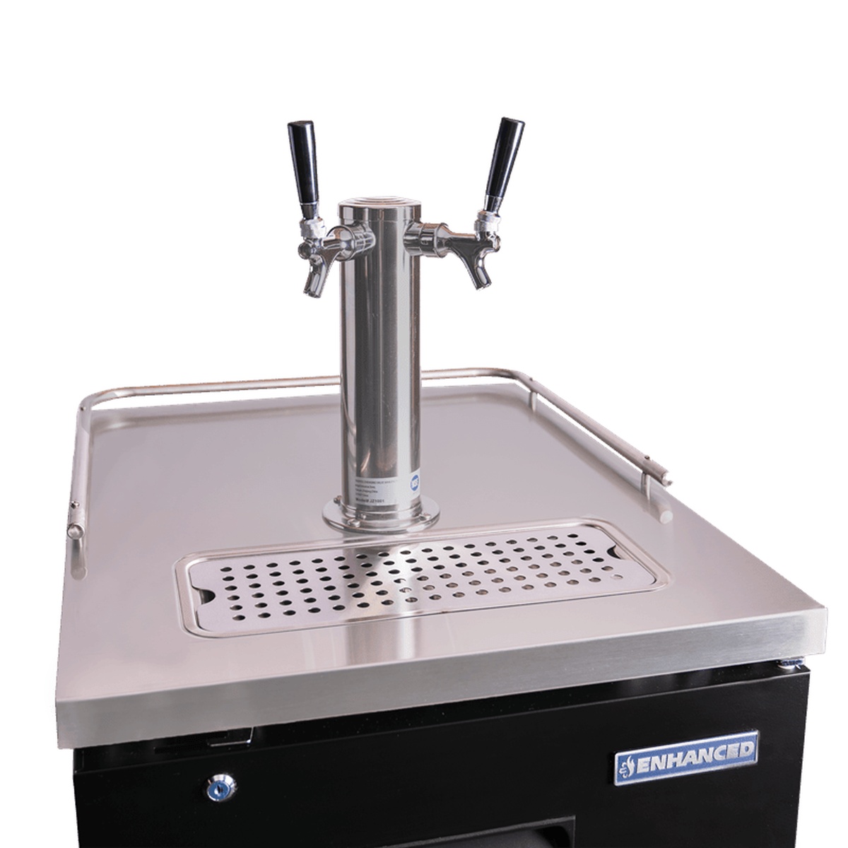 Close-up of stainless steel top surface of EDD-1-HC with dual-tap beer tower and perforated drip tray