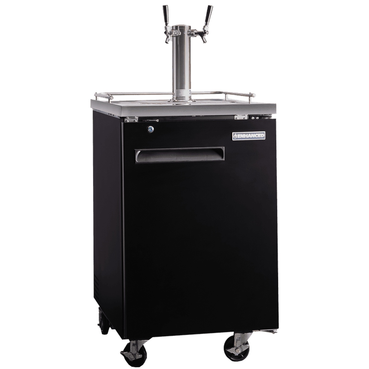 Enhanced EDD-1-HC draft beer dispenser refrigerator with black exterior, single tower, and dual taps on casters