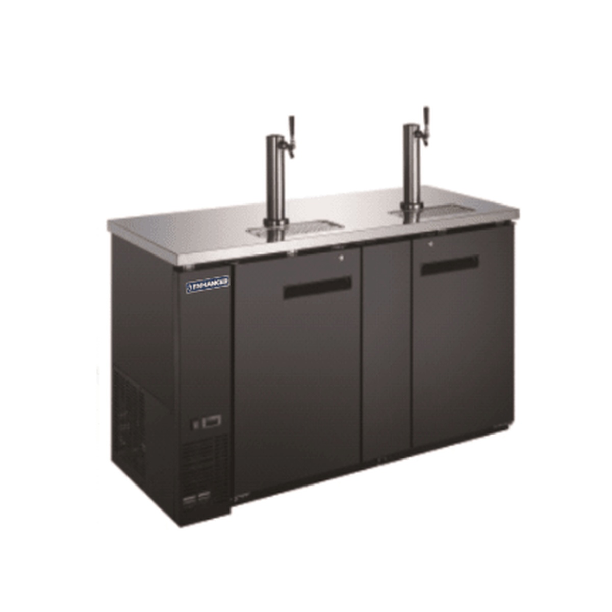 Enhanced Refrigeration EDD-3-HC draft beer dispenser refrigerator with black exterior, stainless steel top, and dual chrome dispensing towers