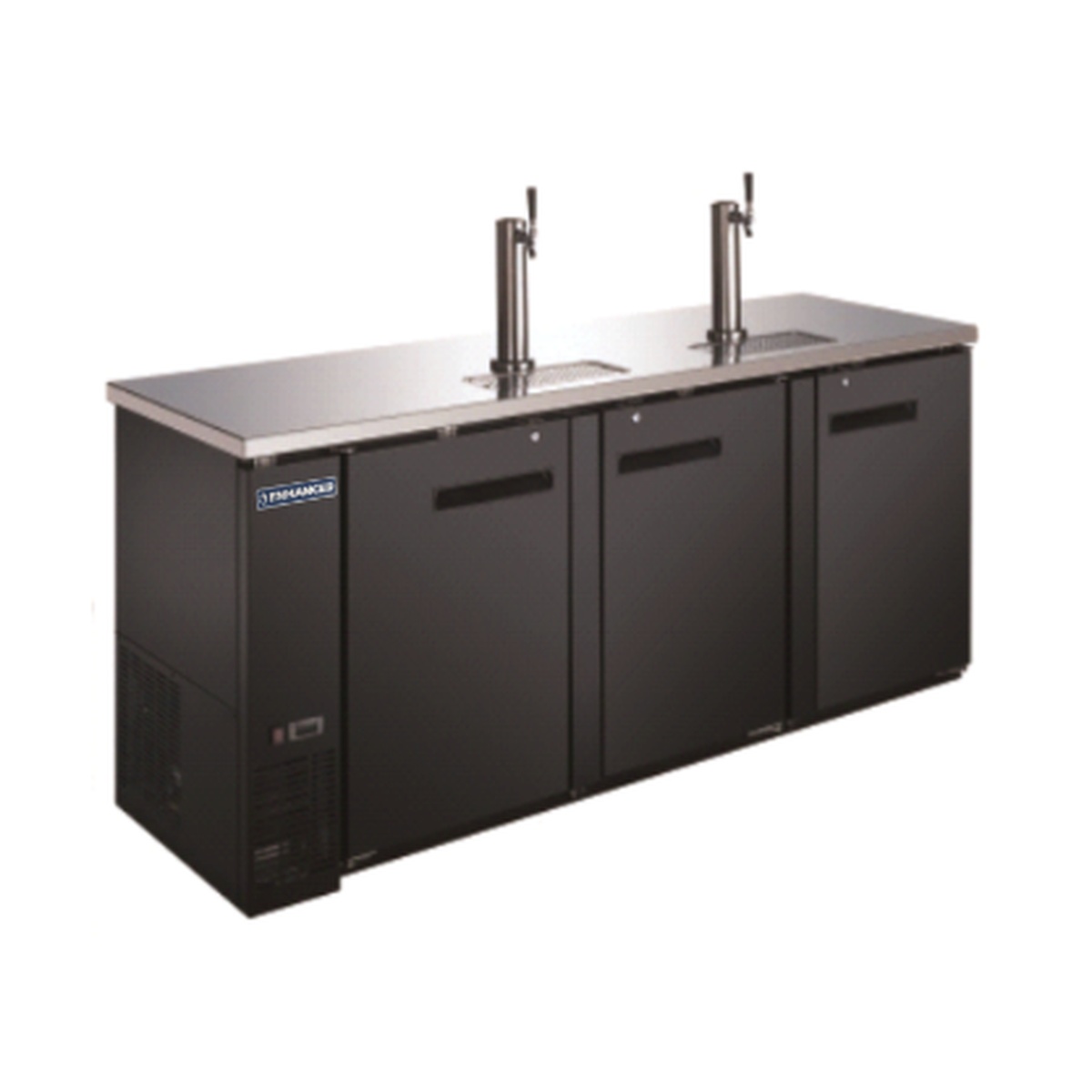 Enhanced Refrigeration EDD-4-HC black draft beer dispenser with stainless steel top and two tap towers