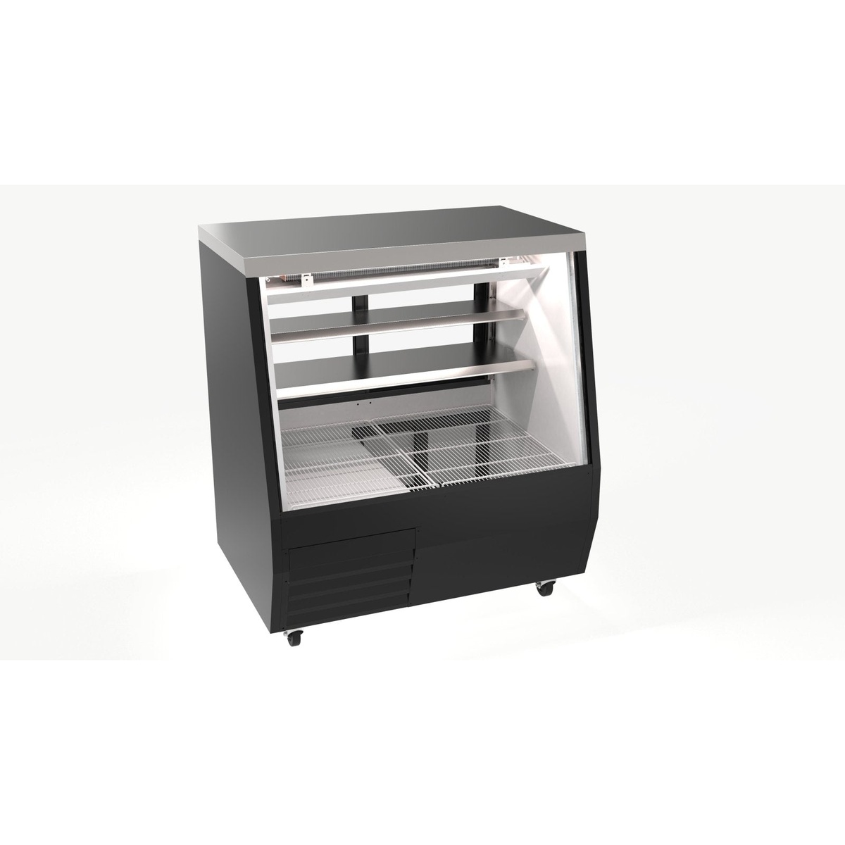 EDDDC-50-HC Enhanced 50-inch black double duty deli display case with stainless steel top, angled glass front, two upper shelves, lower wire rack, internal lighting, and caster wheels